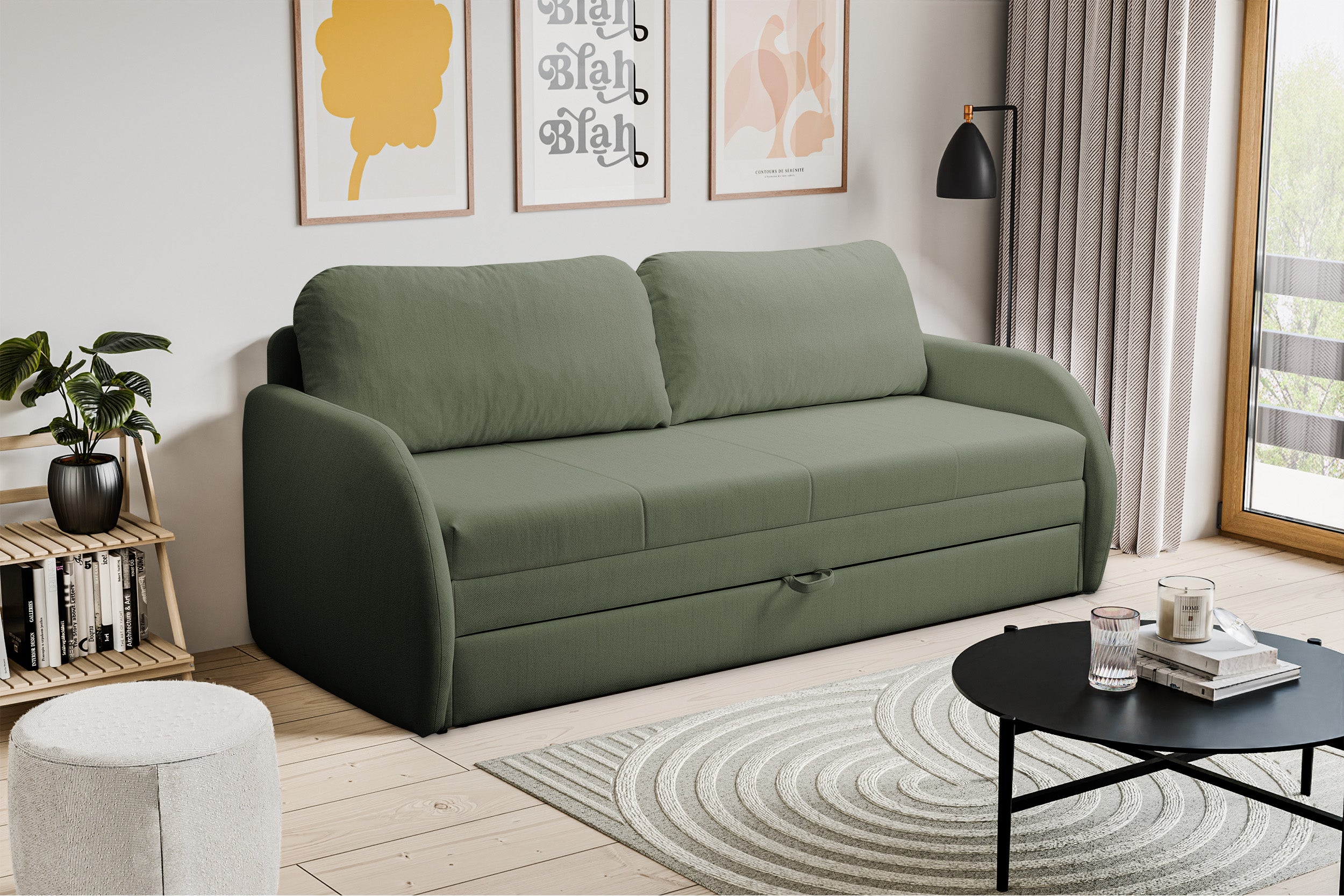 Dreisitziges ausklappbares Sofa Diego in Salbeigrün, Geflecht