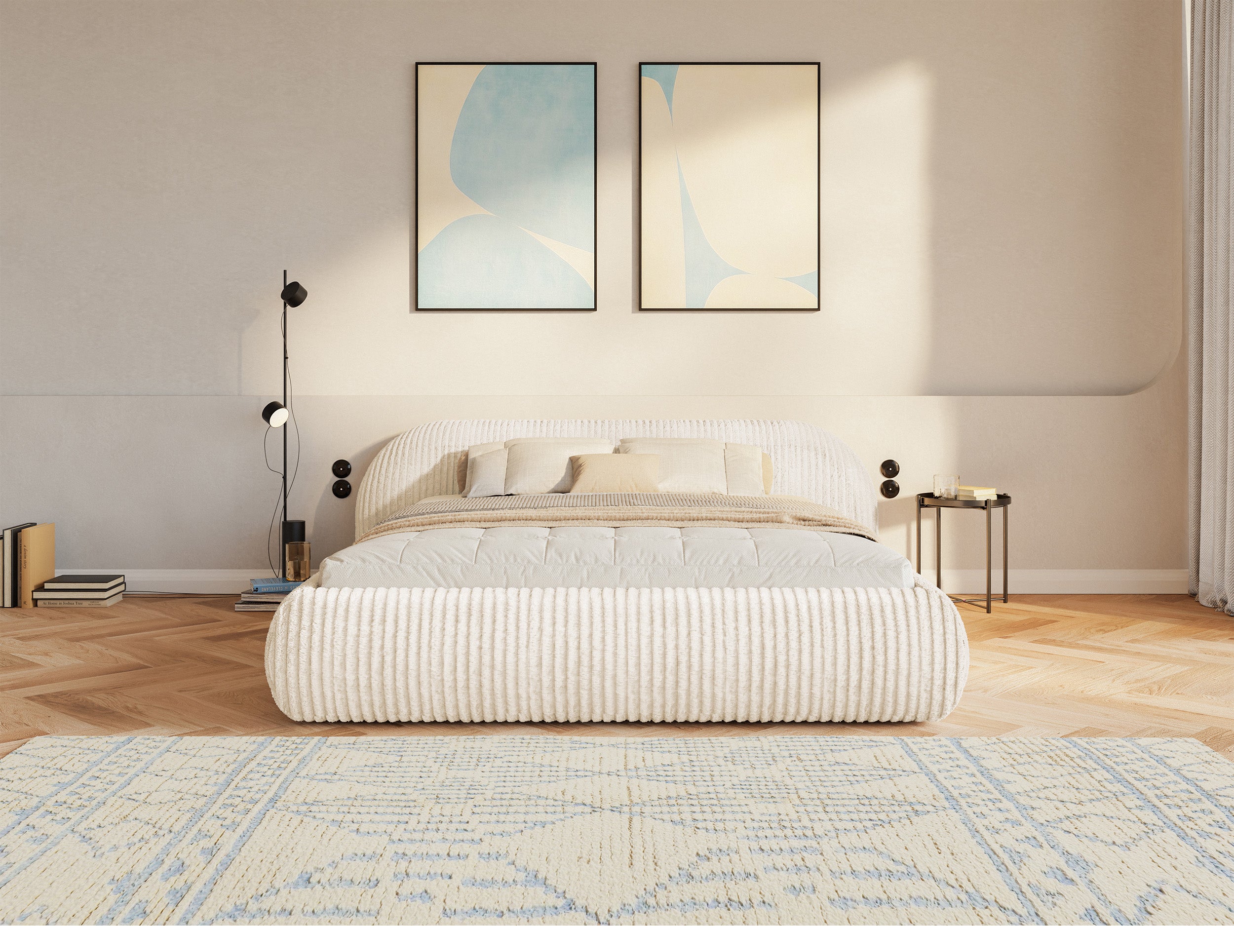Polsterbett 140x200 cm Shels Low mit Stauraum, Metallrahmen, cremefarben, dicker Cordstoff