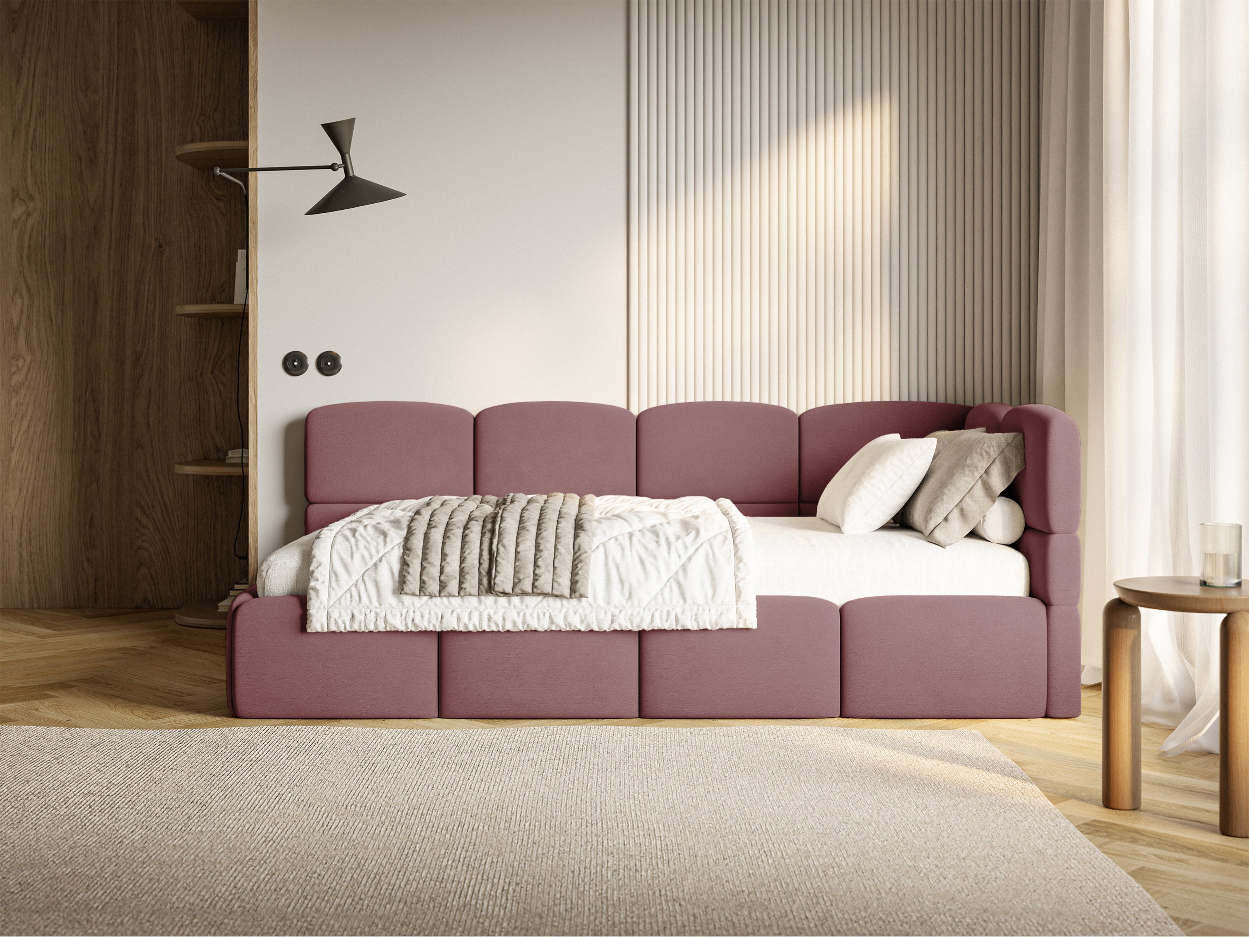 Jugendbett 120x200 cm Cloudy, rechtsseitig, mit Stauraum und Geländern, rosa Velours, wasserabweisend und leicht zu reinigen