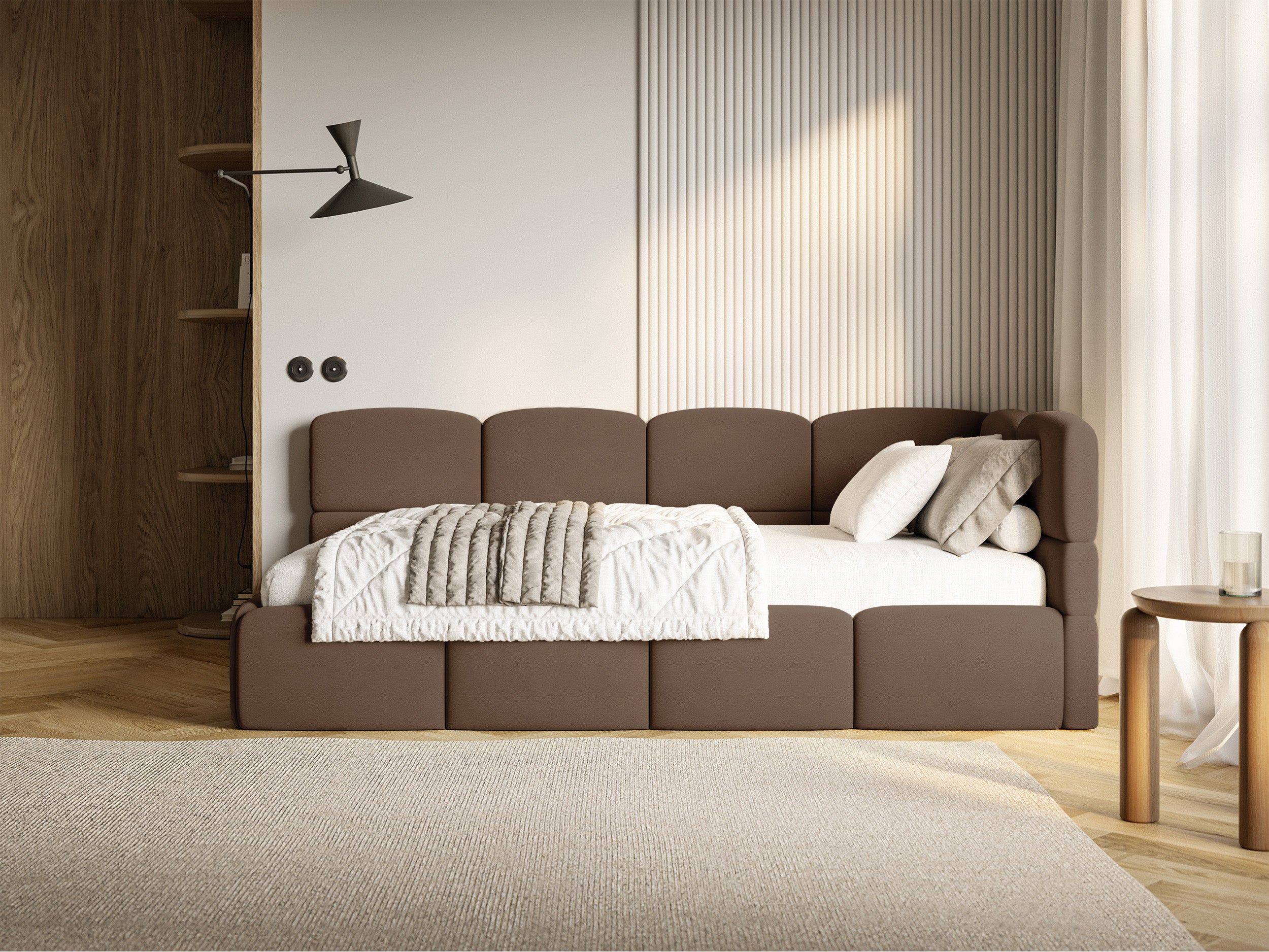Jugendbett 120x200 cm Cloudy rechtsseitig mit Matratze und Stauraum, brauner Velours, wasserabweisend und leicht zu reinigen
