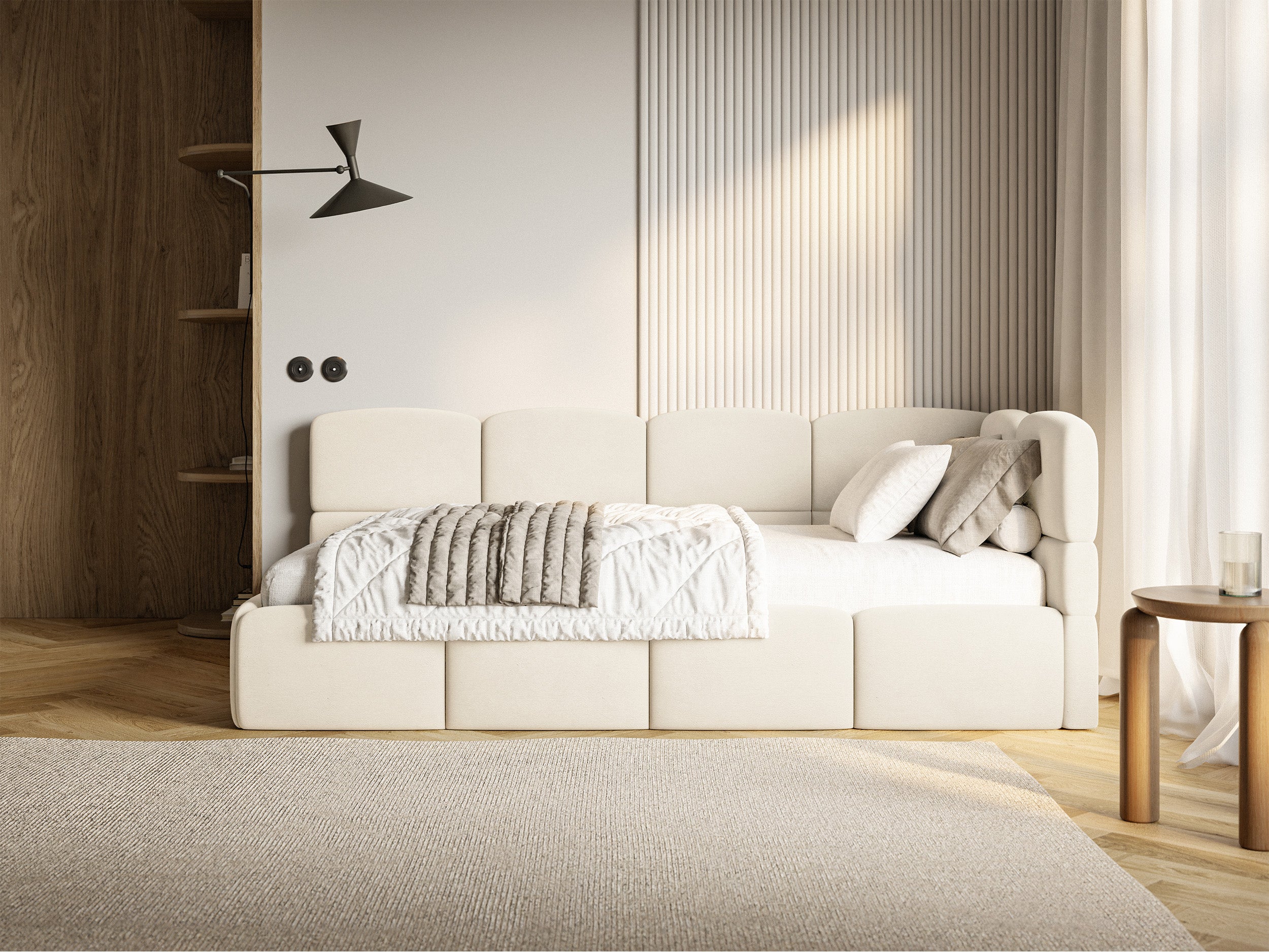 Jugendbett 90x200 cm Cloudy rechtsseitig mit Matratze, Stauraum und Geländern, cremefarbener Velours, wasserabweisend und leicht zu reinigen