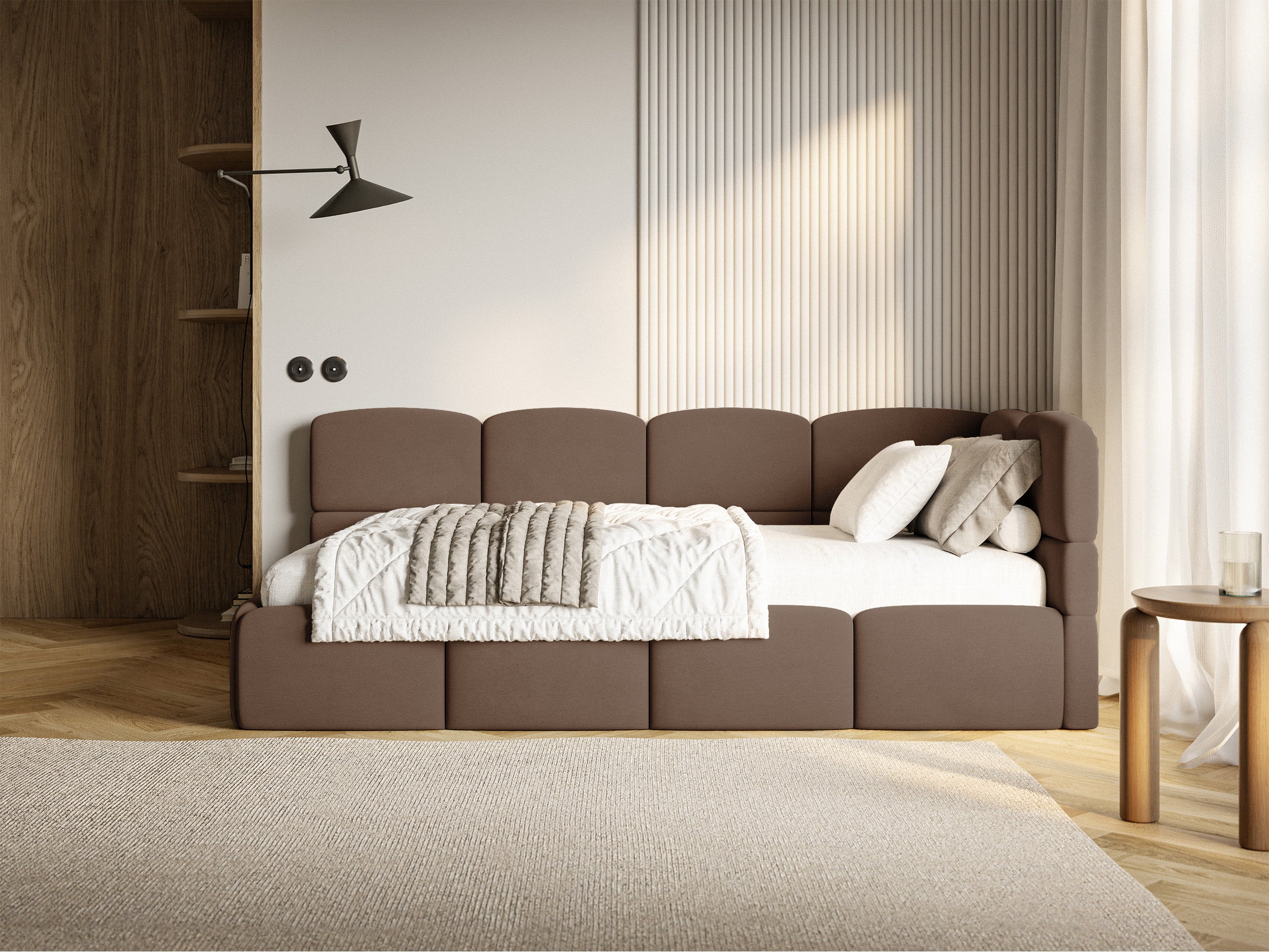 Jugendbett 90x200 cm Cloudy, rechtsseitig mit Stauraum, brauner Velours, wasserabweisend und leicht zu reinigen
