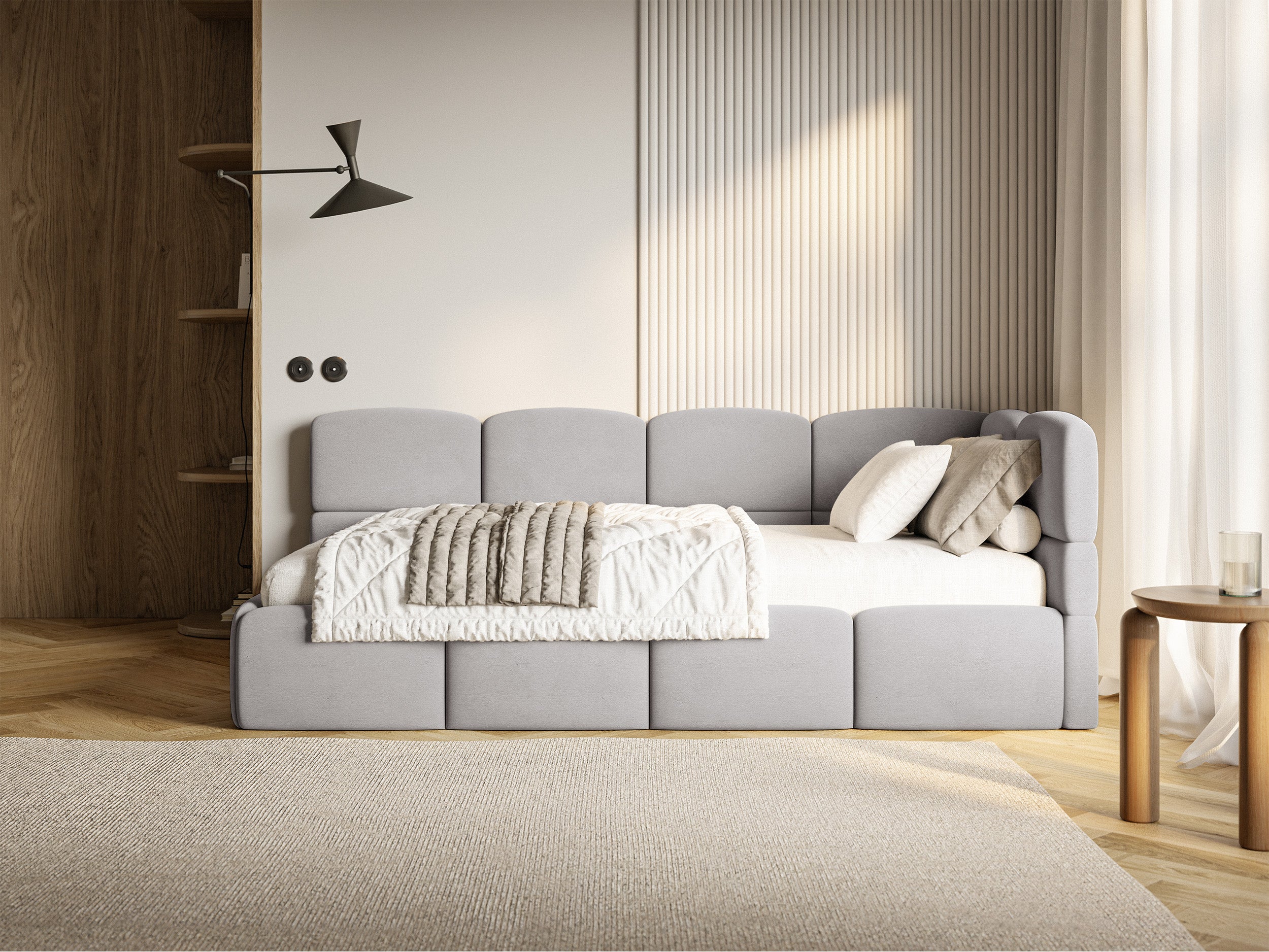 Jugendbett 120x200 cm Cloudy, rechtsseitig mit Stauraum, hellgrauer Velours, wasserabweisend und pflegeleicht