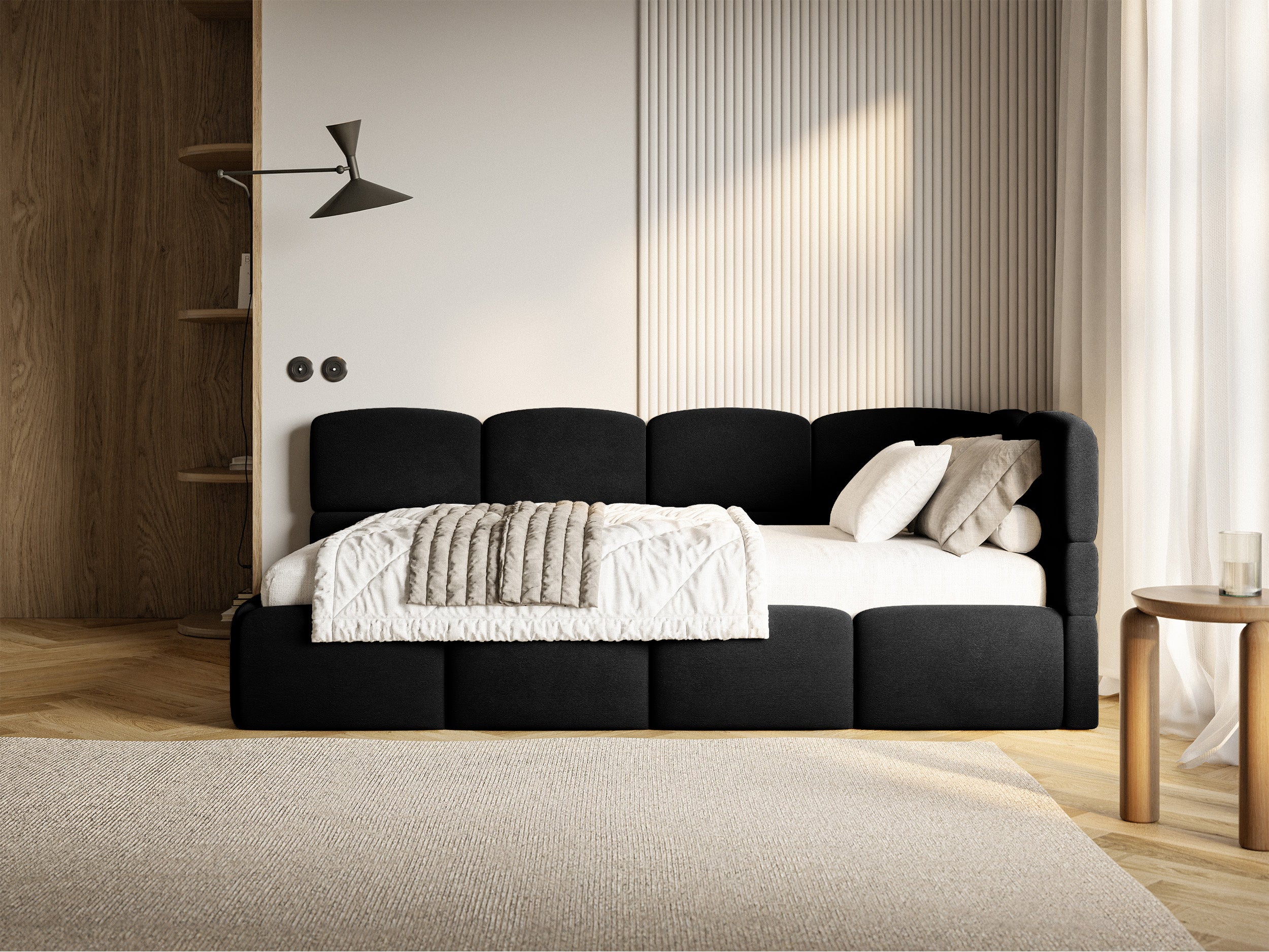 Jugendbett 90x200 cm Cloudy rechtsseitig mit Stauraum und Geländern, schwarzer Velours, wasserabweisend und leicht zu reinigen
