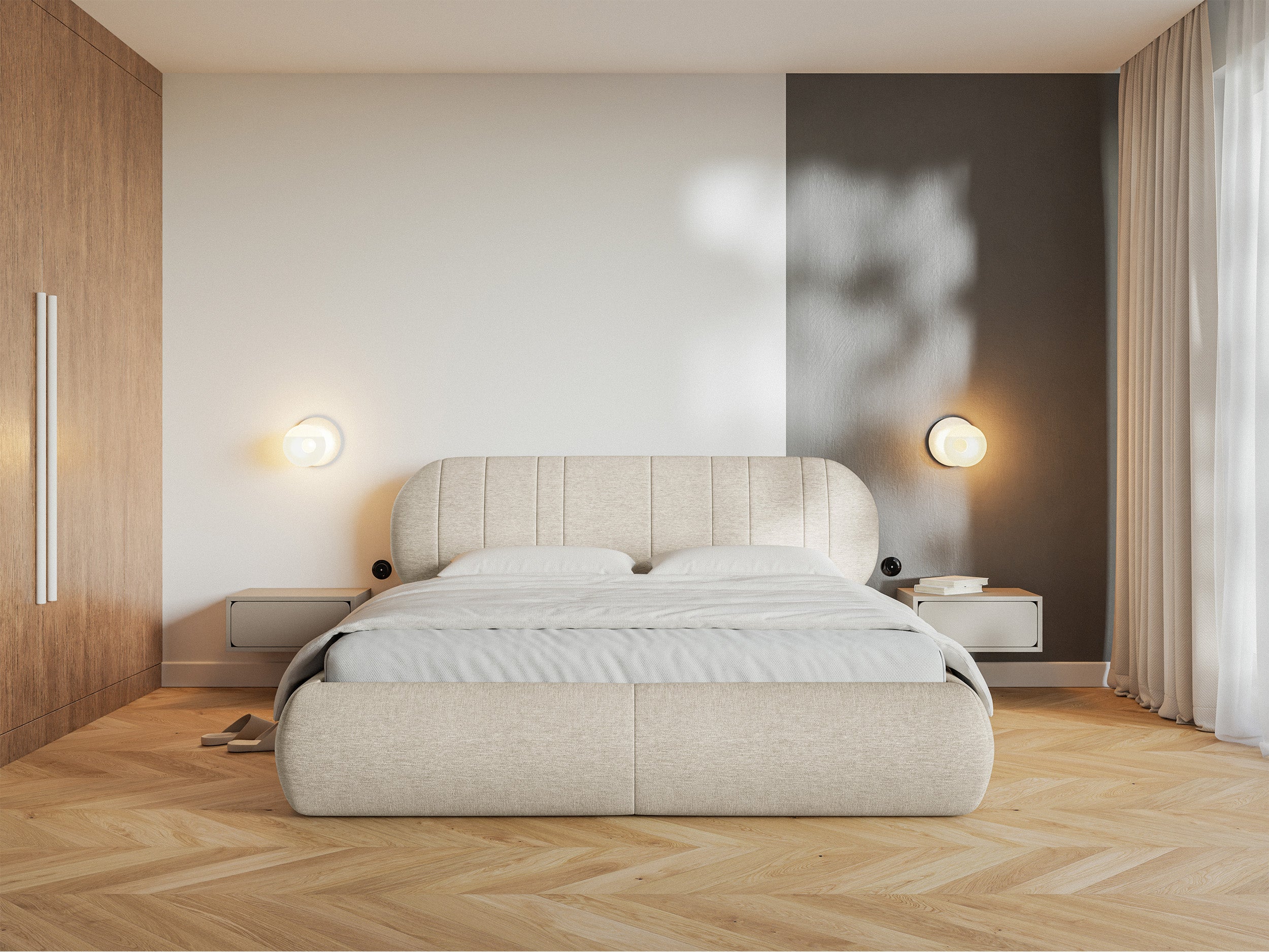 Gepolstertes Bett 140x200 cm Asmelio beige Geflecht