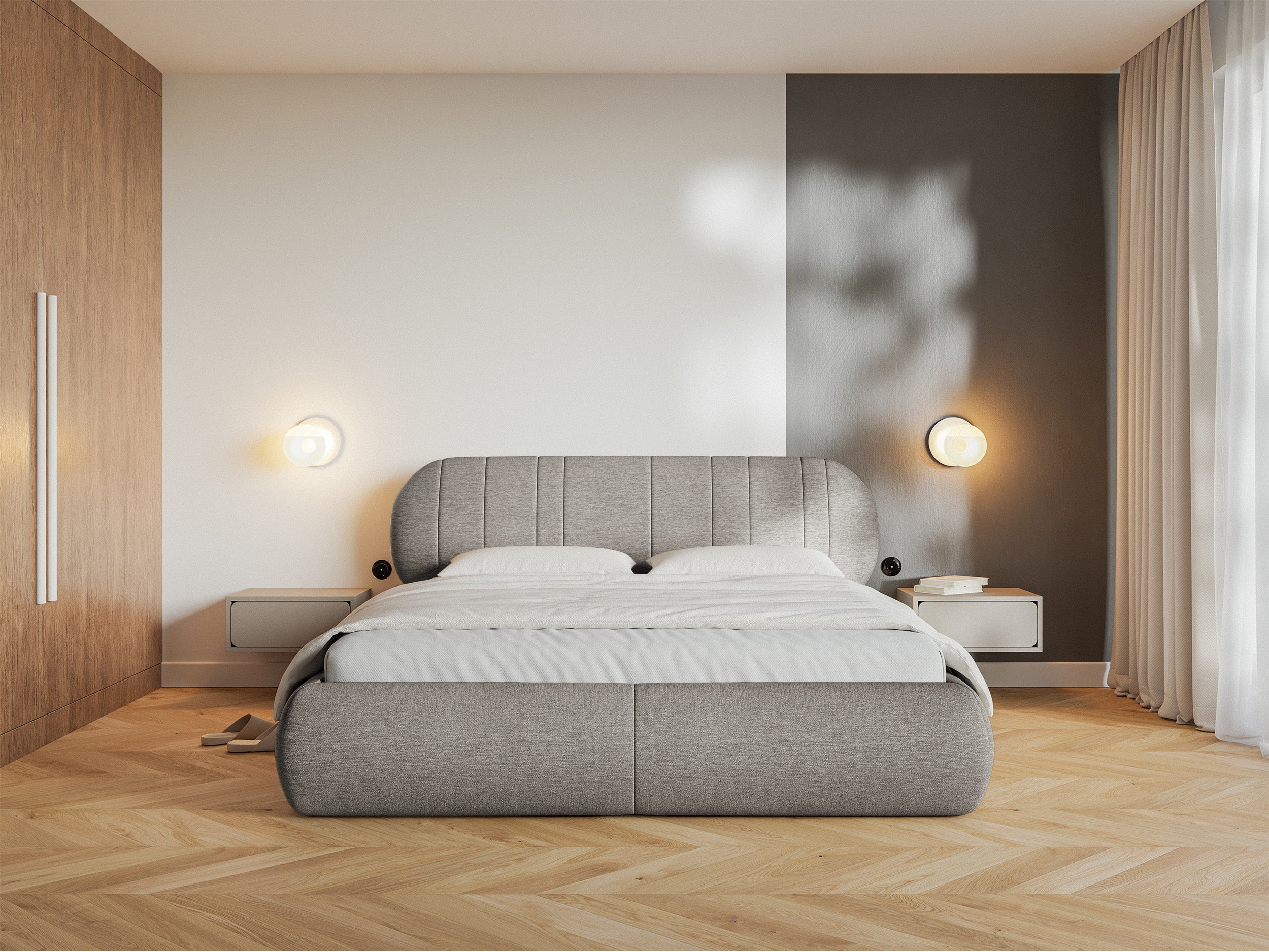 Polsterbett 180x200 cm Asmelio mit Stauraum, Metallrahmen, grau-beige Geflecht