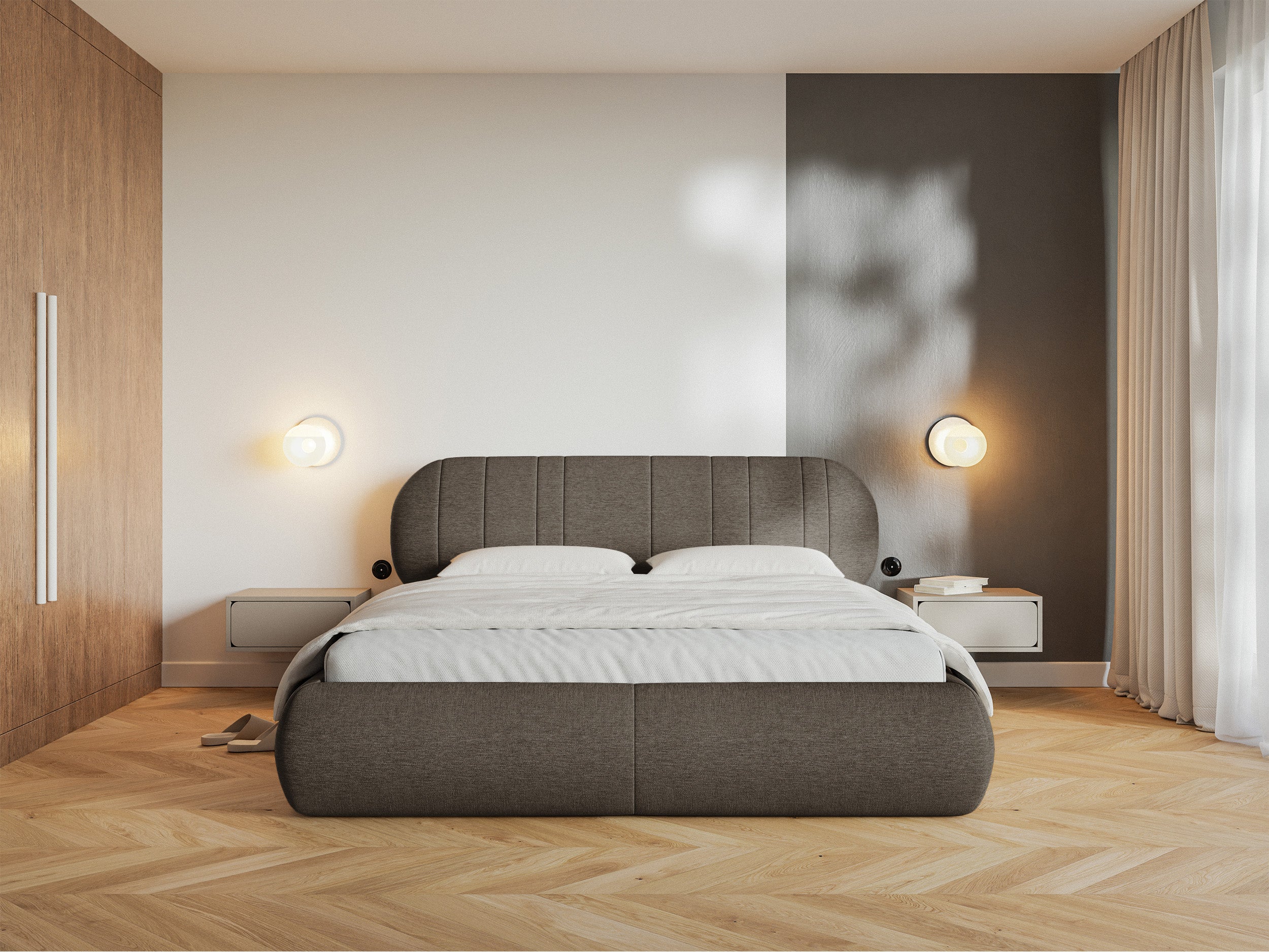 Polsterbett 140x200 cm Asmelio mit Stauraum, Metallrahmen, braunes Geflecht