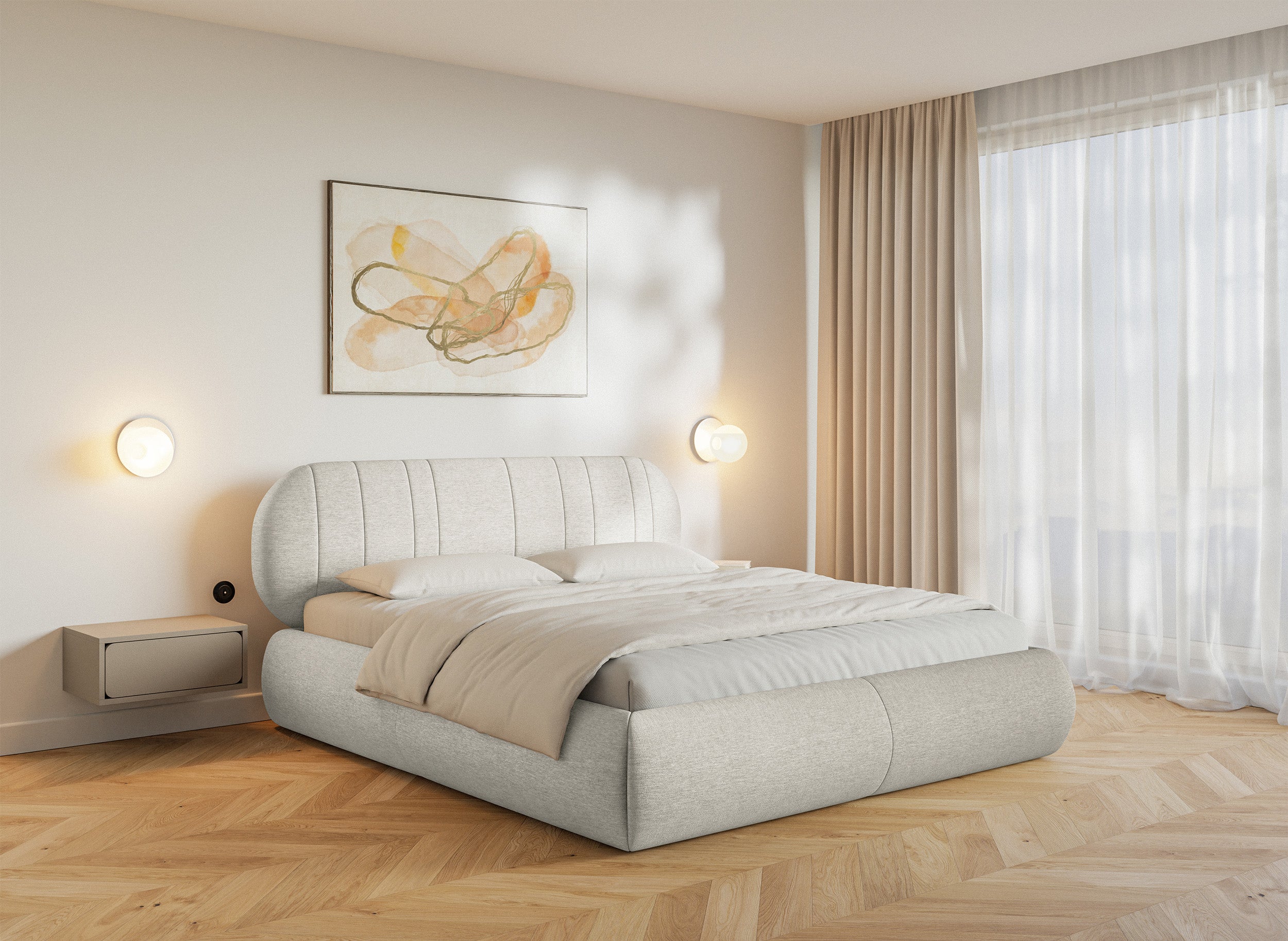 Gepolstertes Bett 160x200 cm Asmelio mit Stauraum, Metallrahmen, cremefarbenes Geflecht