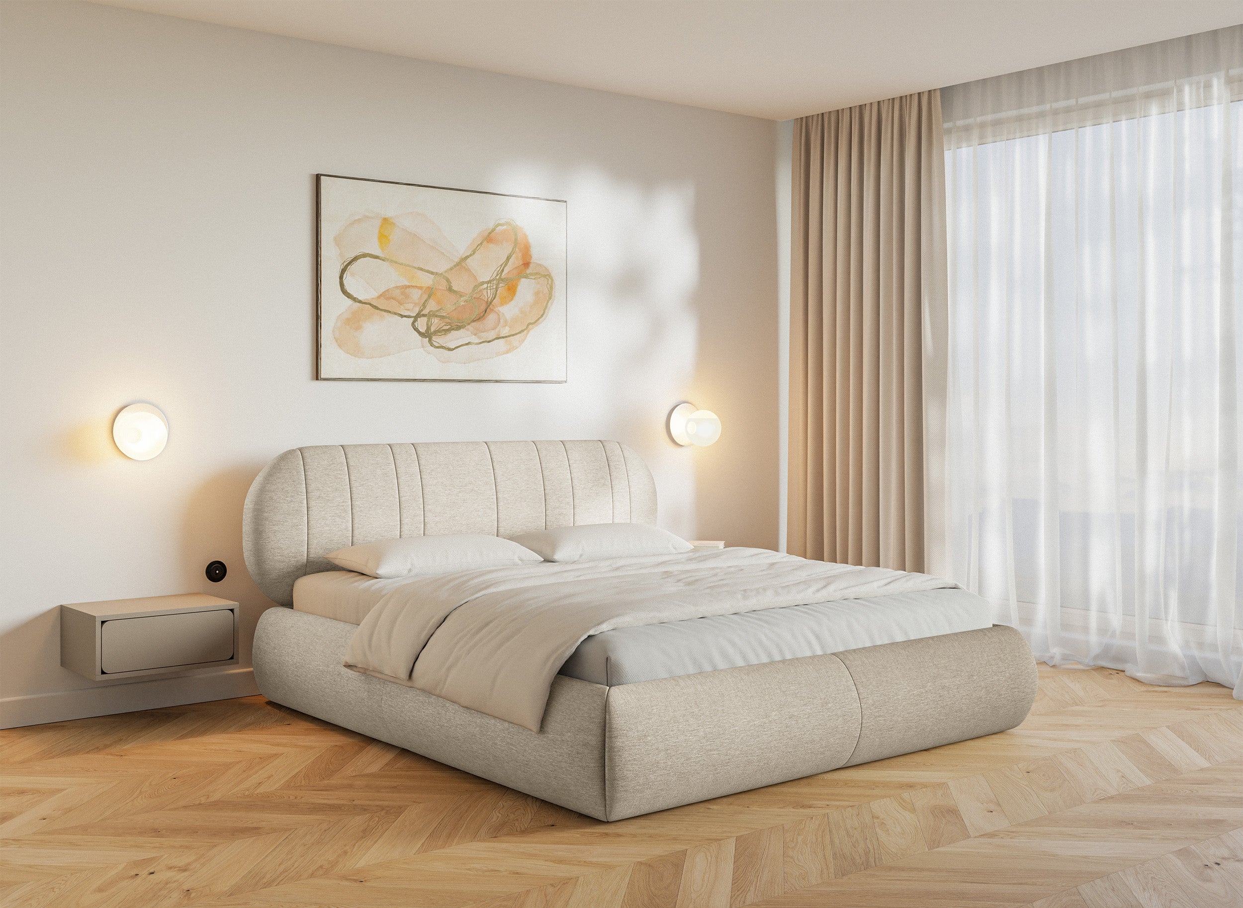 Polsterbett 180x200 cm Asmelio mit Stauraum, Metallrahmen, beige Geflecht