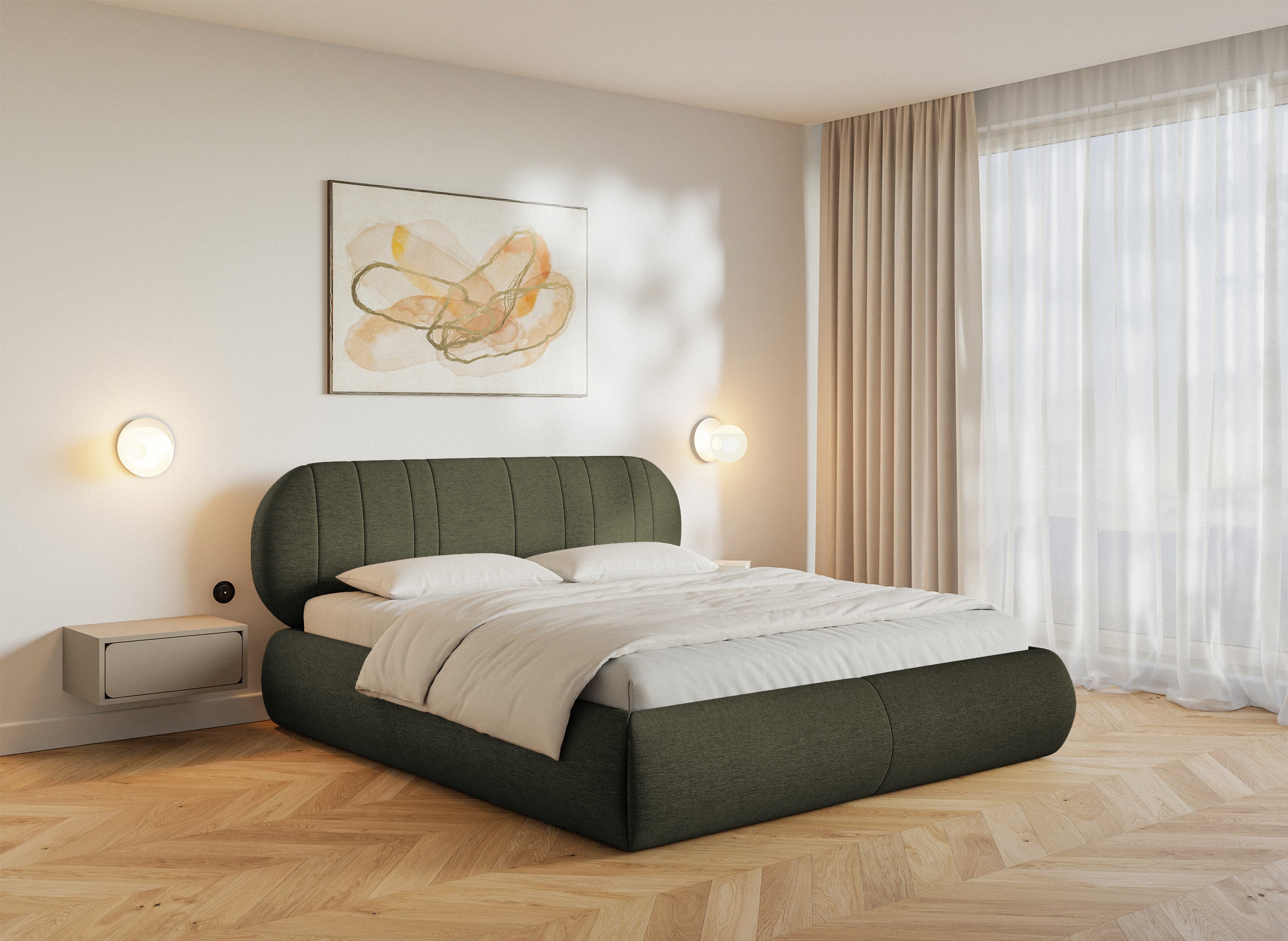 Gepolstertes Bett 160x200 cm Asmelio Khaki Geflecht