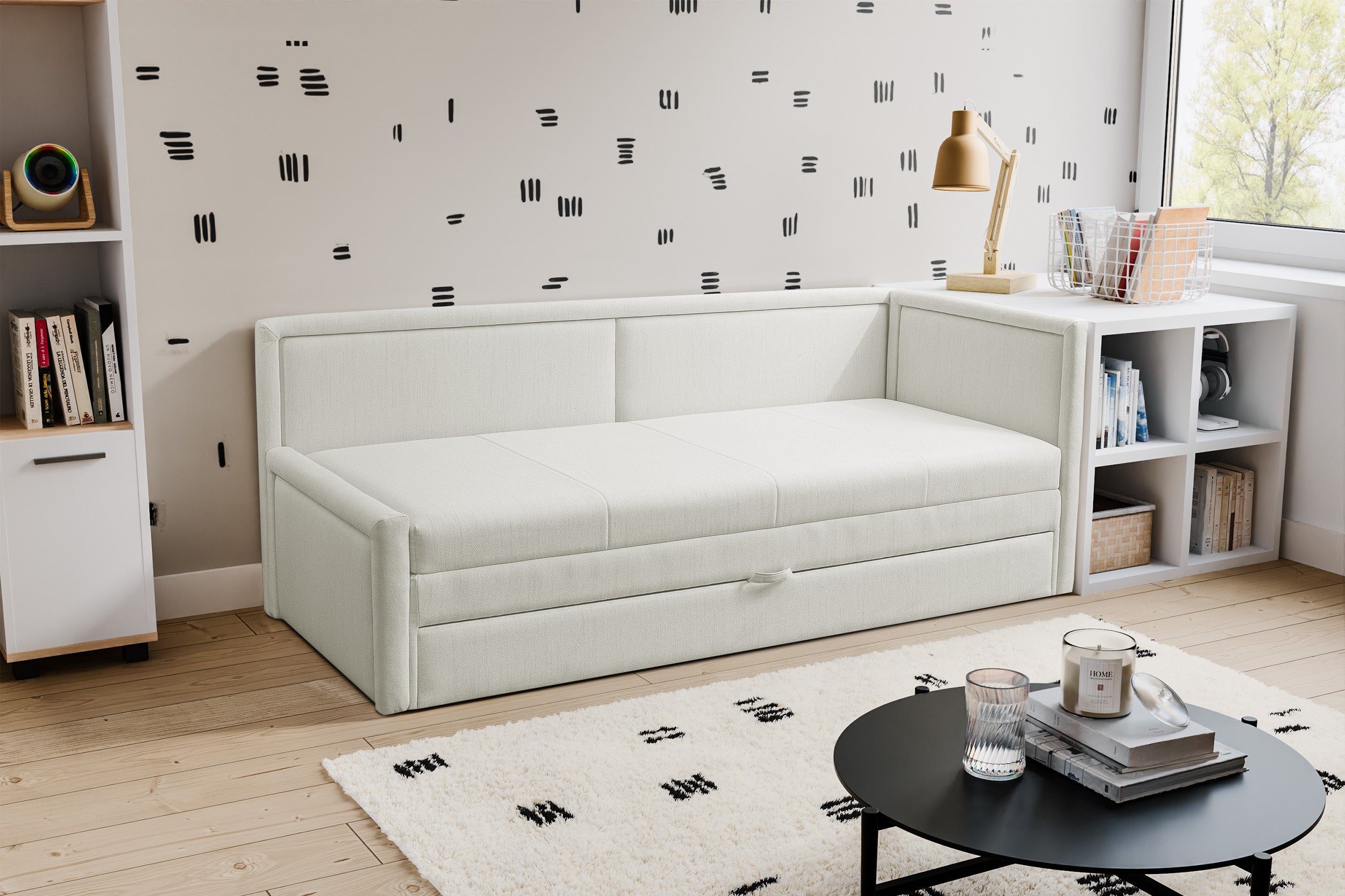 Jugendbett Caprili mit Stauraum, cremefarben, Flechtmuster, universell einsetzbar