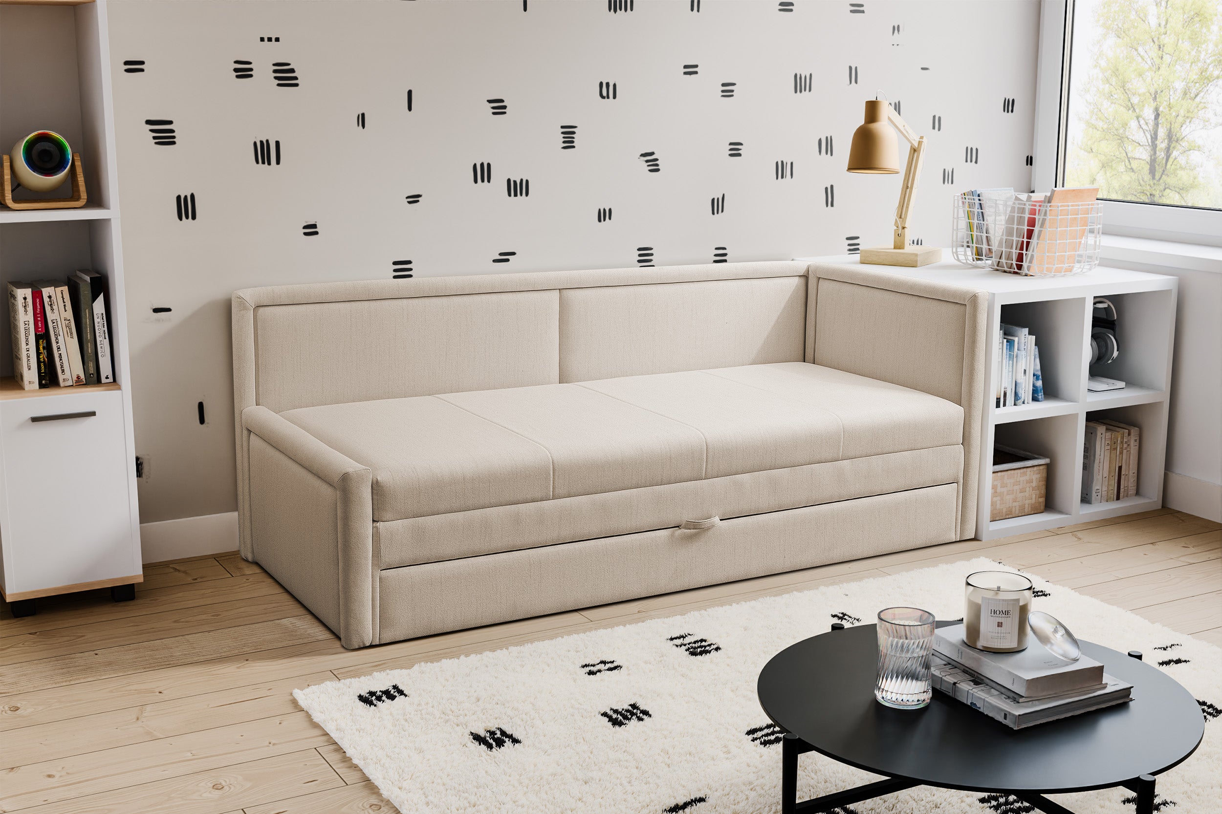 Jugendbett Caprili mit Aufbewahrungsbox, hellbeige, Flechtmuster, universell einsetzbar