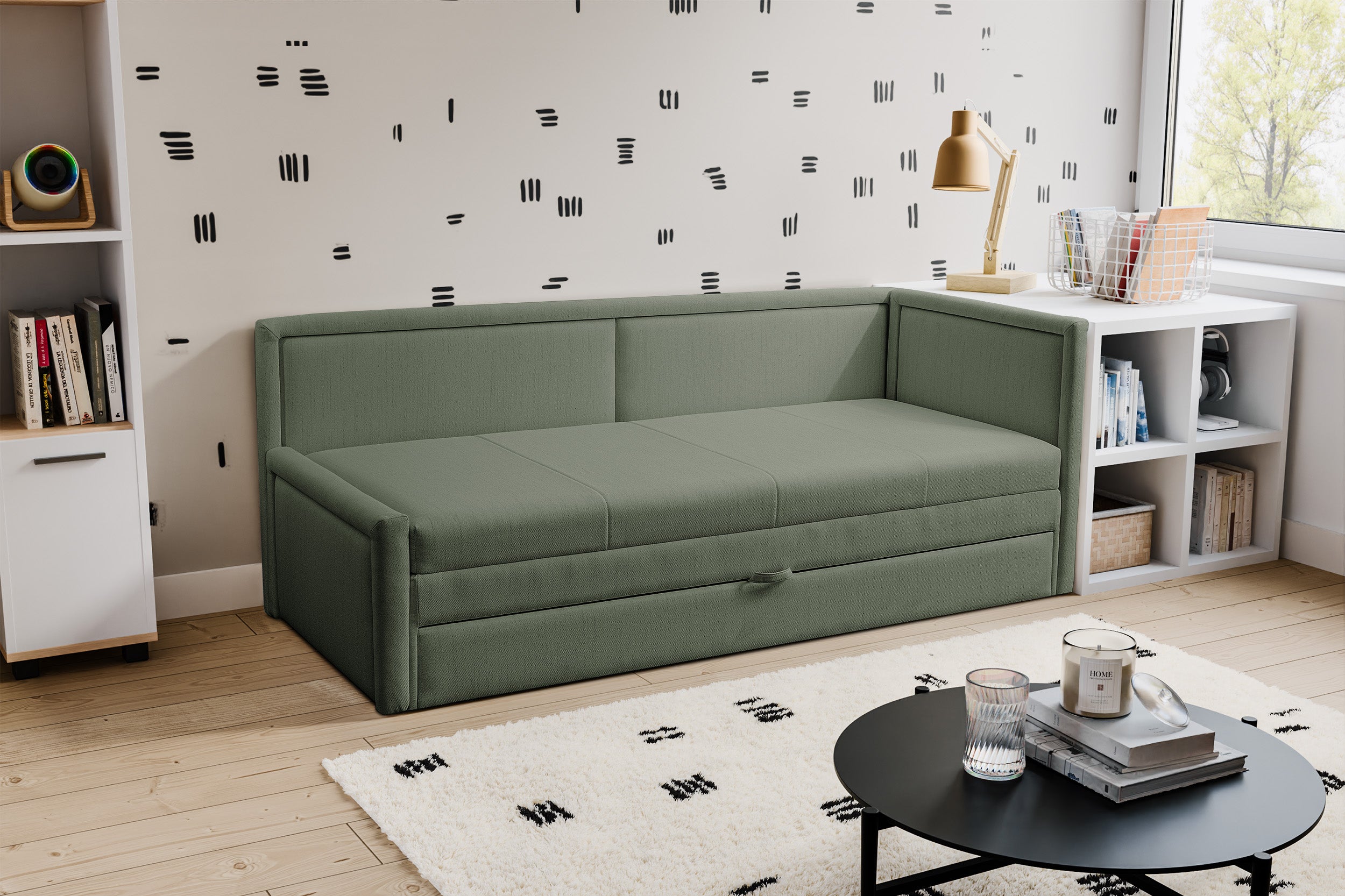Jugendbett Caprili mit Stauraum Salbeigrünes Geflecht Universal