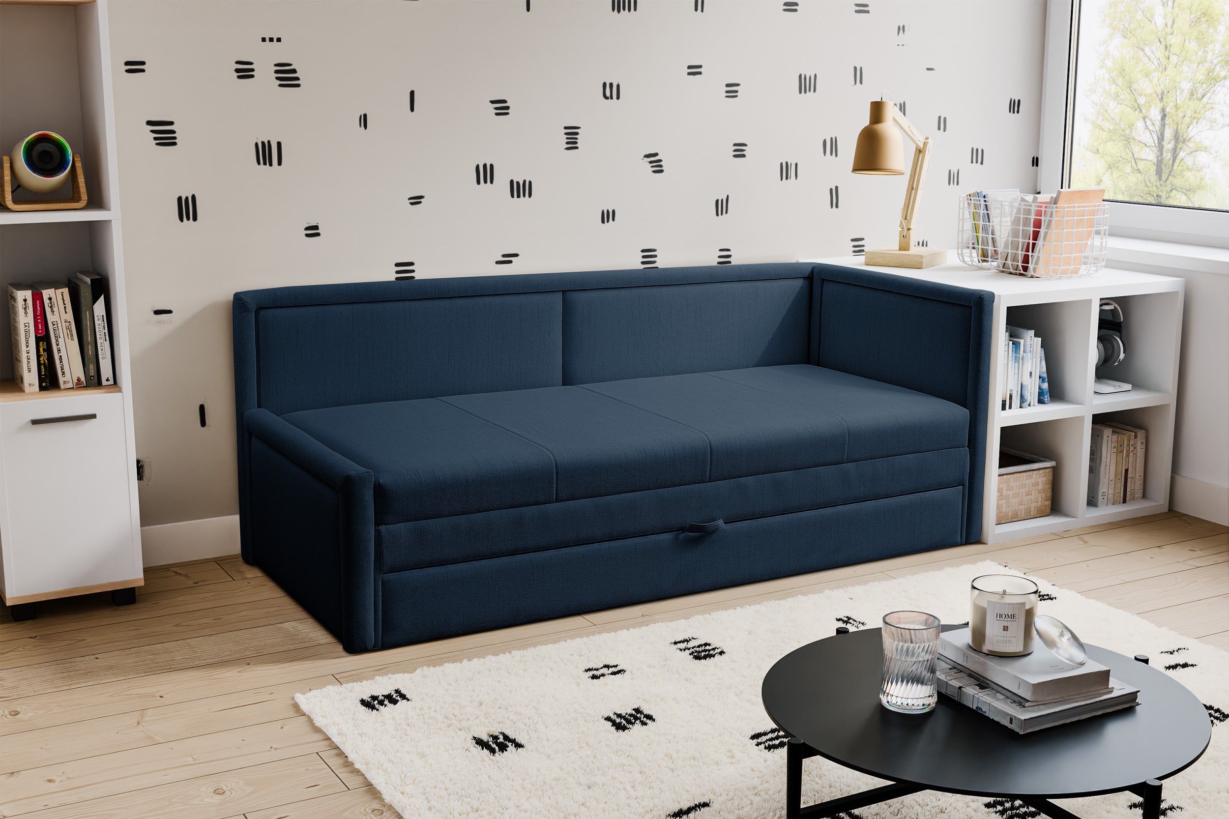 Jugendbett Caprili mit Stauraum, marineblau, Flechtmuster, universell einsetzbar