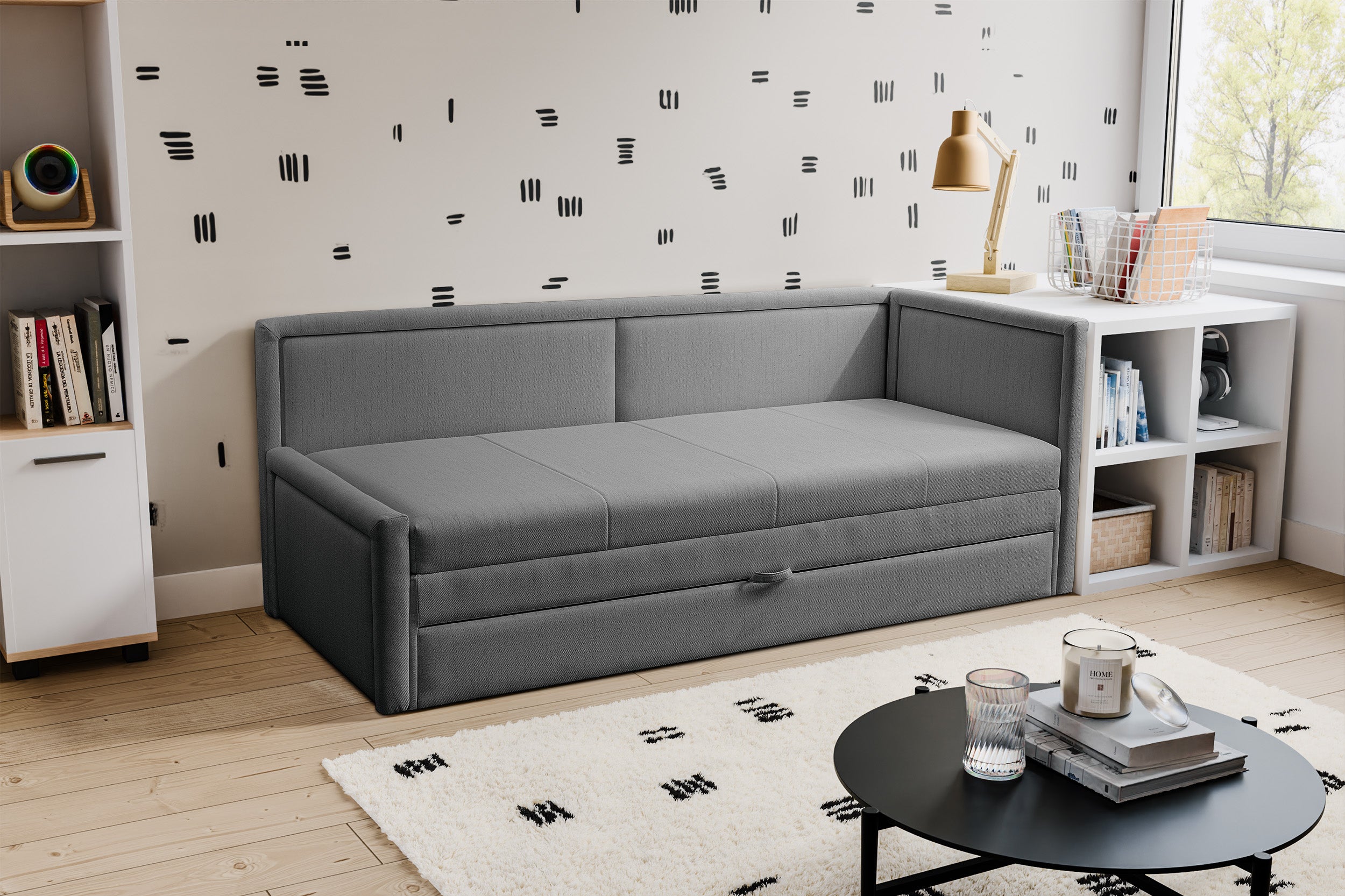 Jugendbett Caprili mit Stauraum, dunkelgraues Flechtmuster, universell einsetzbar