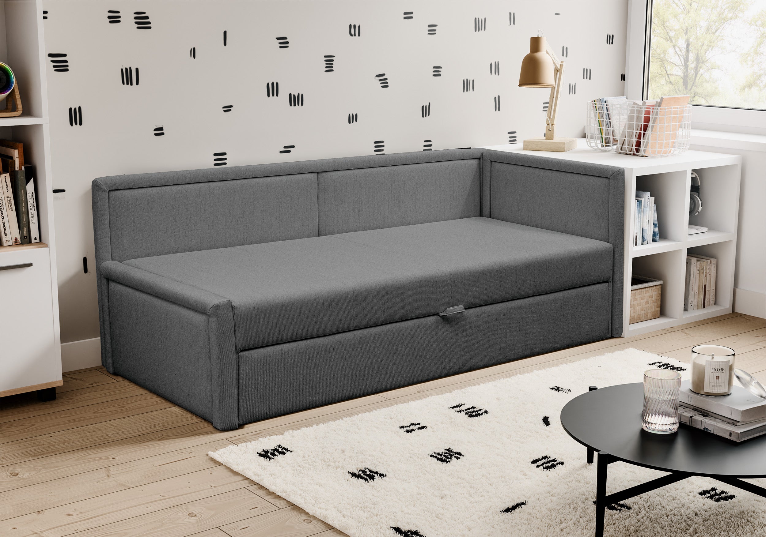 Ausziehbares Doppelbett Caprili, dunkelgrau, Flechtmuster, universell einsetzbar