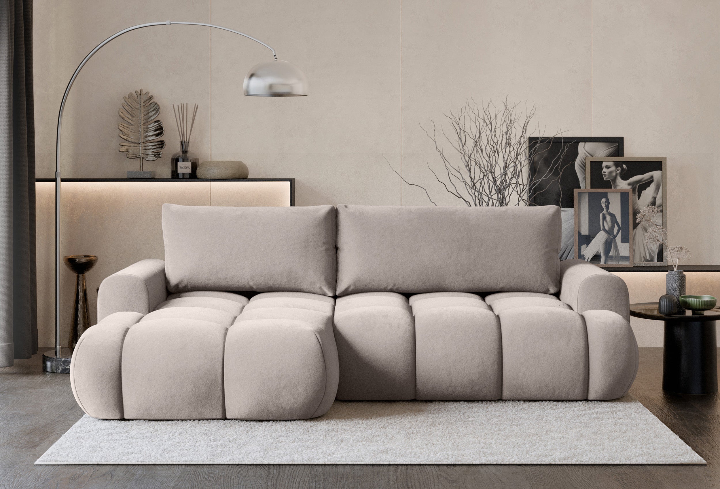 Ecksofa mit Schlaffunktion Ombo Mini, L-förmig, linksseitig, mit Stauraum, grau-beiger hydrophober Samt