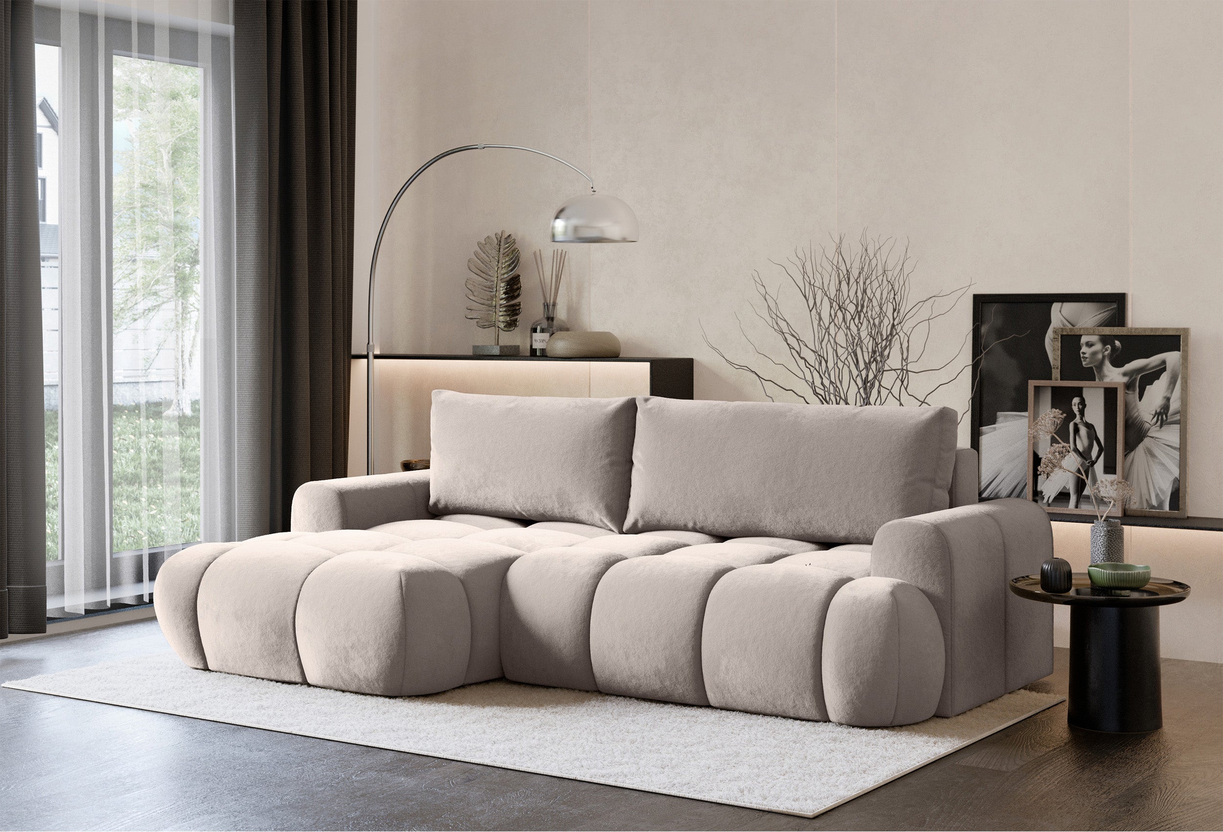 Ecksofa mit Schlaffunktion Ombo Mini, L-förmig, linksseitig, mit Stauraum, grau-beiger hydrophober Samt