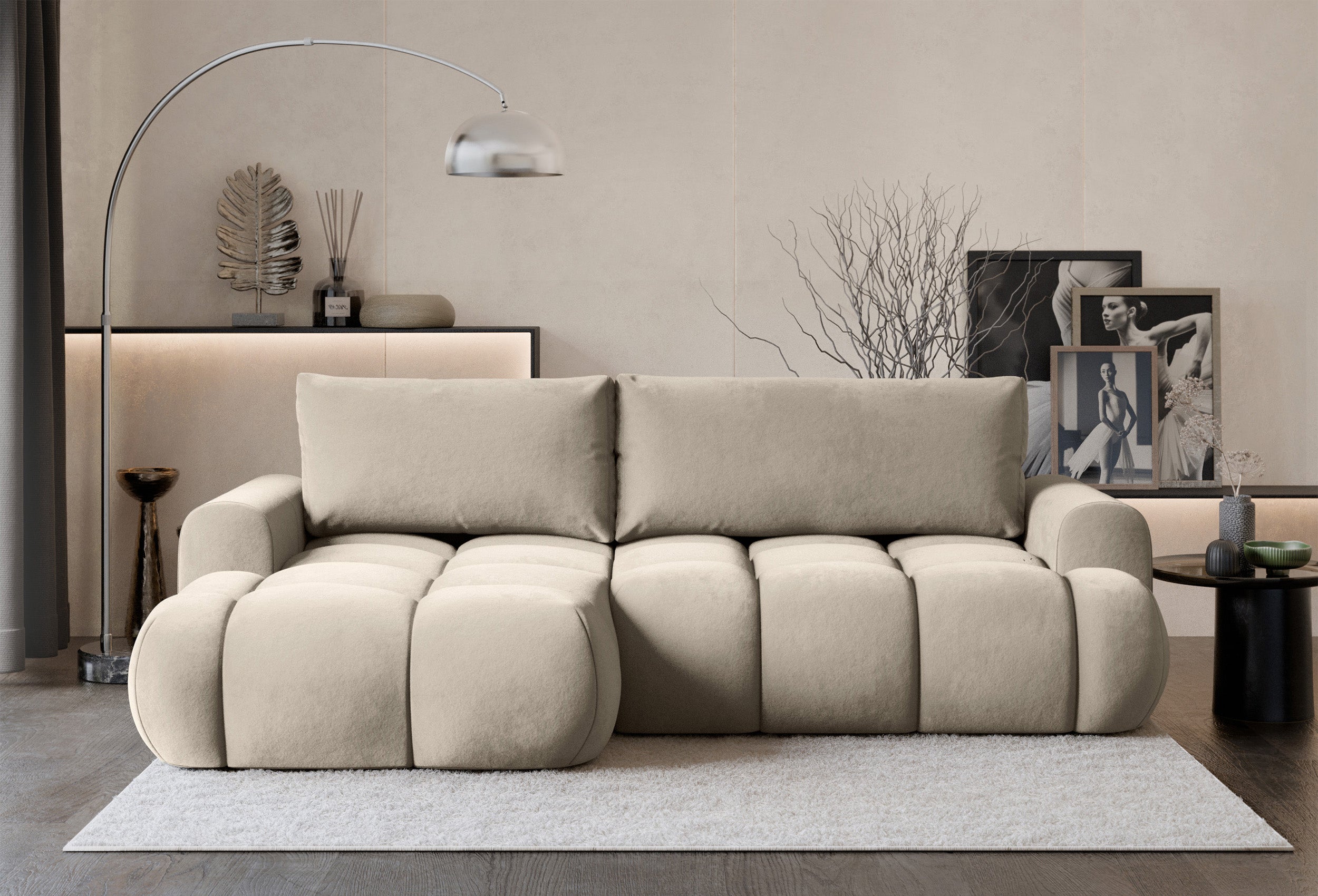 Ecksofa mit Schlafunktion Ombo Mini, L-förmig, linksseitig, mit Stauraum, beige, wasserabweisender Samt