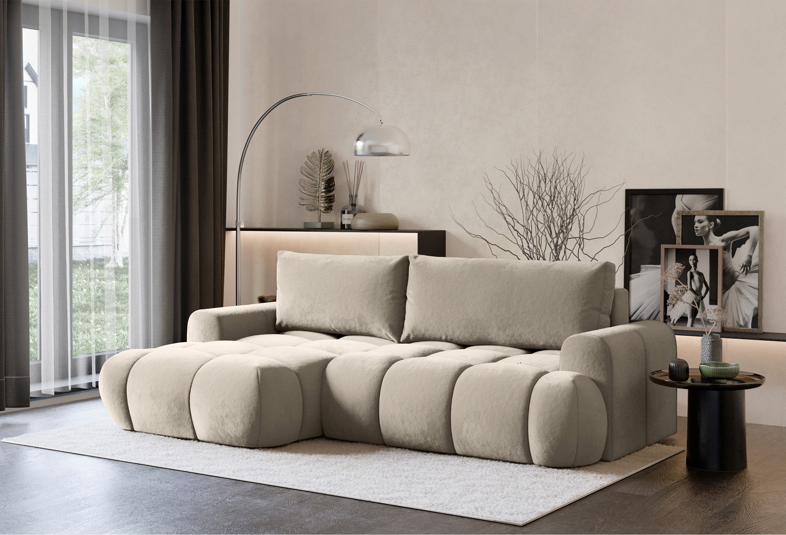 Ecksofa mit Schlafunktion Ombo Mini, L-förmig, linksseitig, mit Stauraum, beige, wasserabweisender Samt
