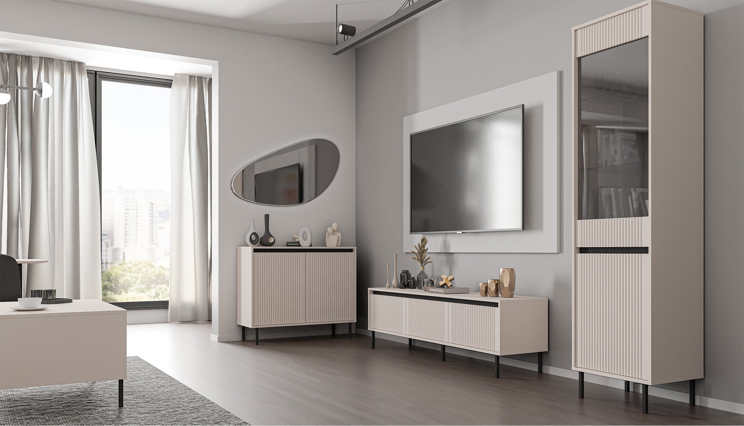 TV-Schrank Osaka mit drei Schubladen und geriffelten Fronten, 179 cm, sandbeige auf schwarzen Füßen