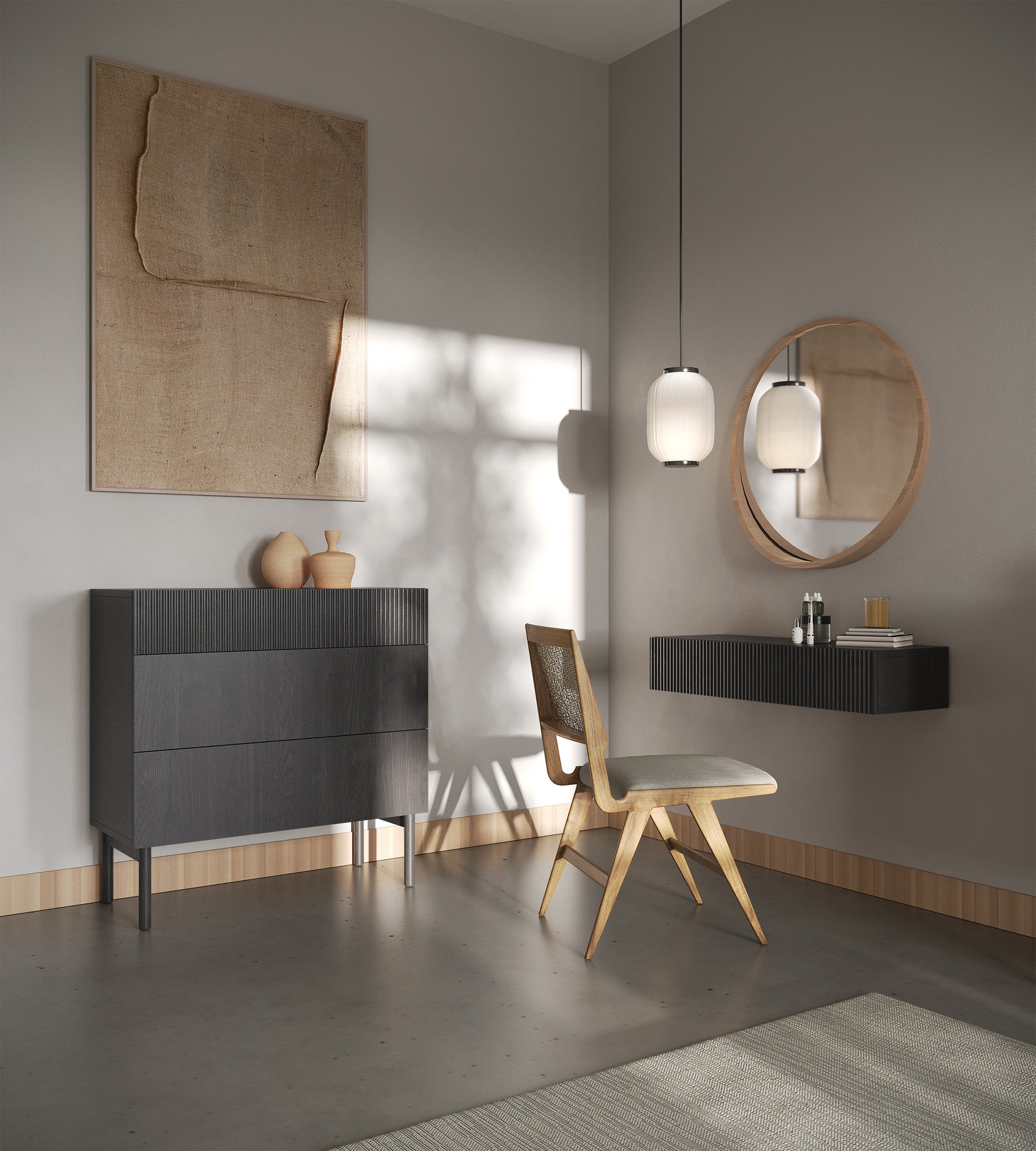 Hängende Nolie-Konsole mit Schublade 90 cm Portland Esche Schwarz