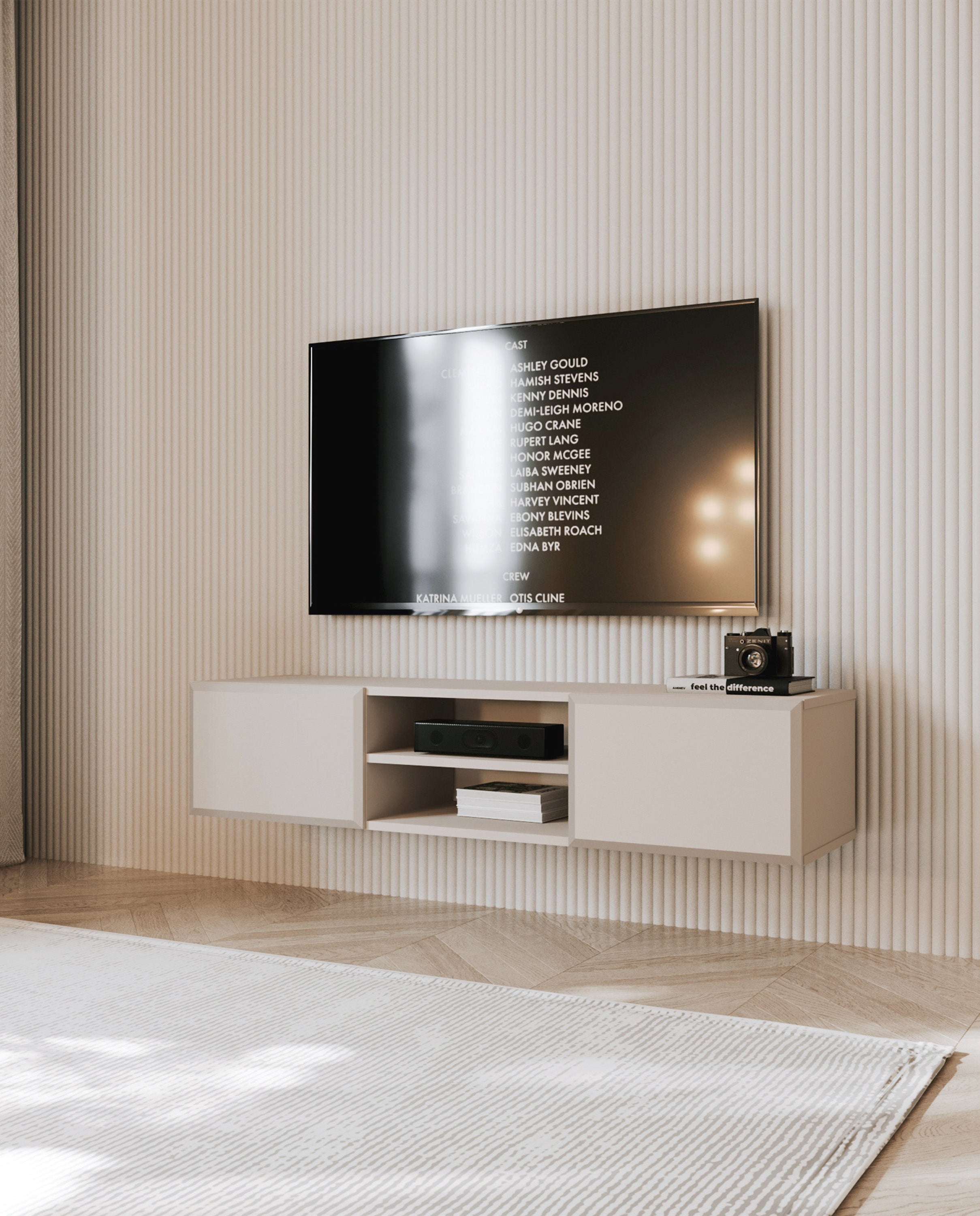 Hängender TV-Schrank Chocolated mit zwei Türen und Nische, 137 cm, sandbeige