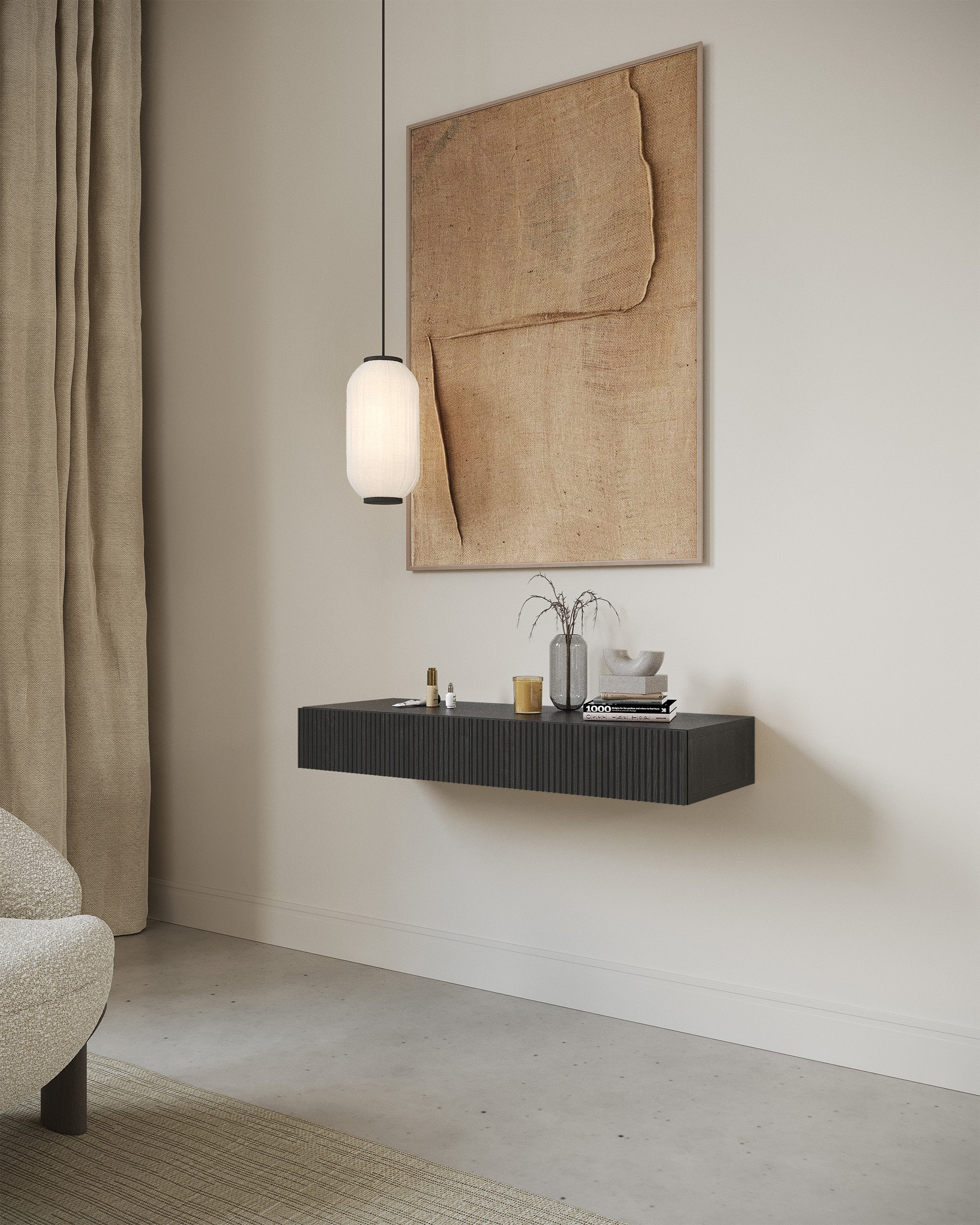 Hängender Schminktisch Nolie mit Schubladen 110 cm Portland Esche Schwarz