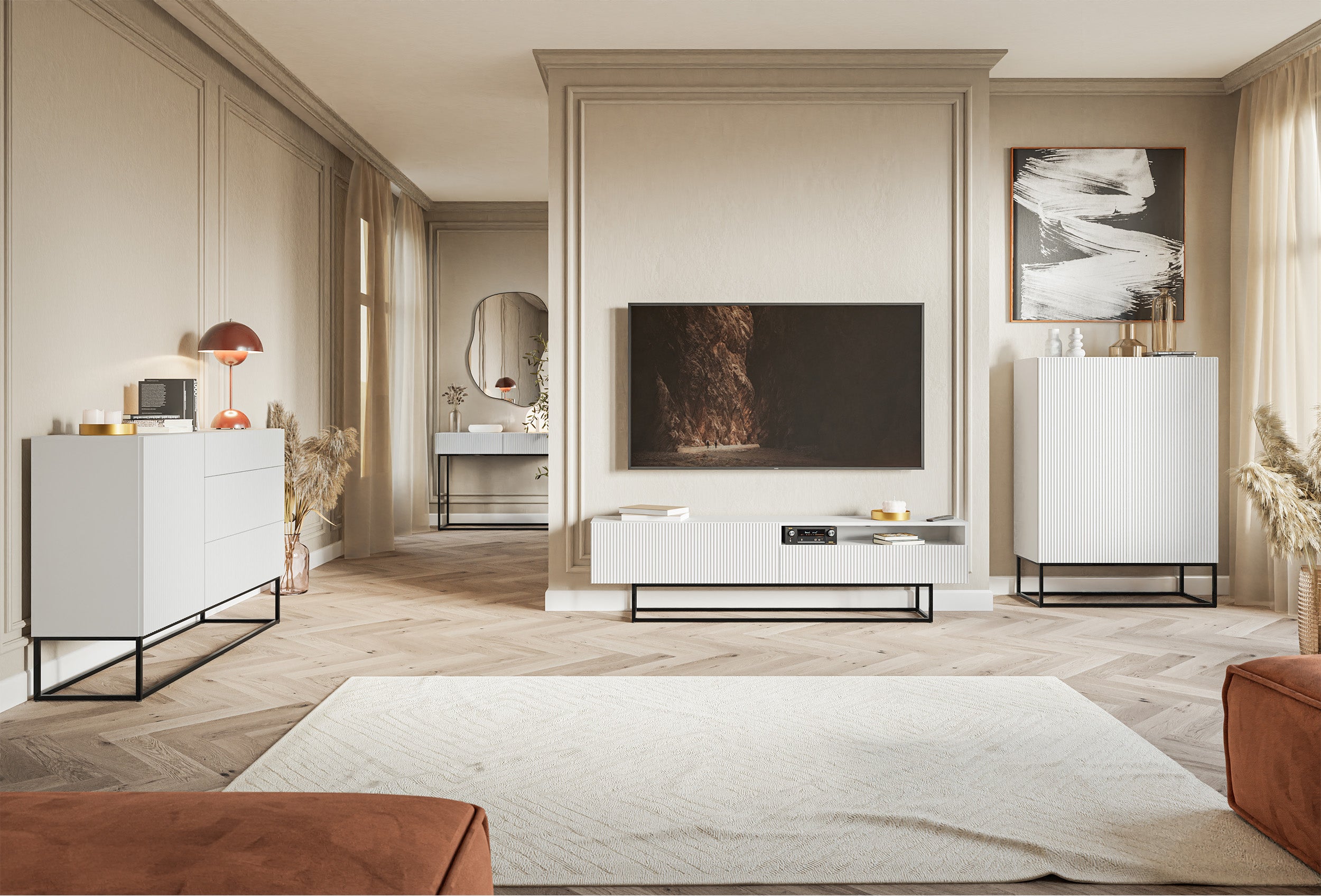 Veldio-Konsole mit gefräster Front und 90 cm Schublade Weiß mit schwarzen Beinen