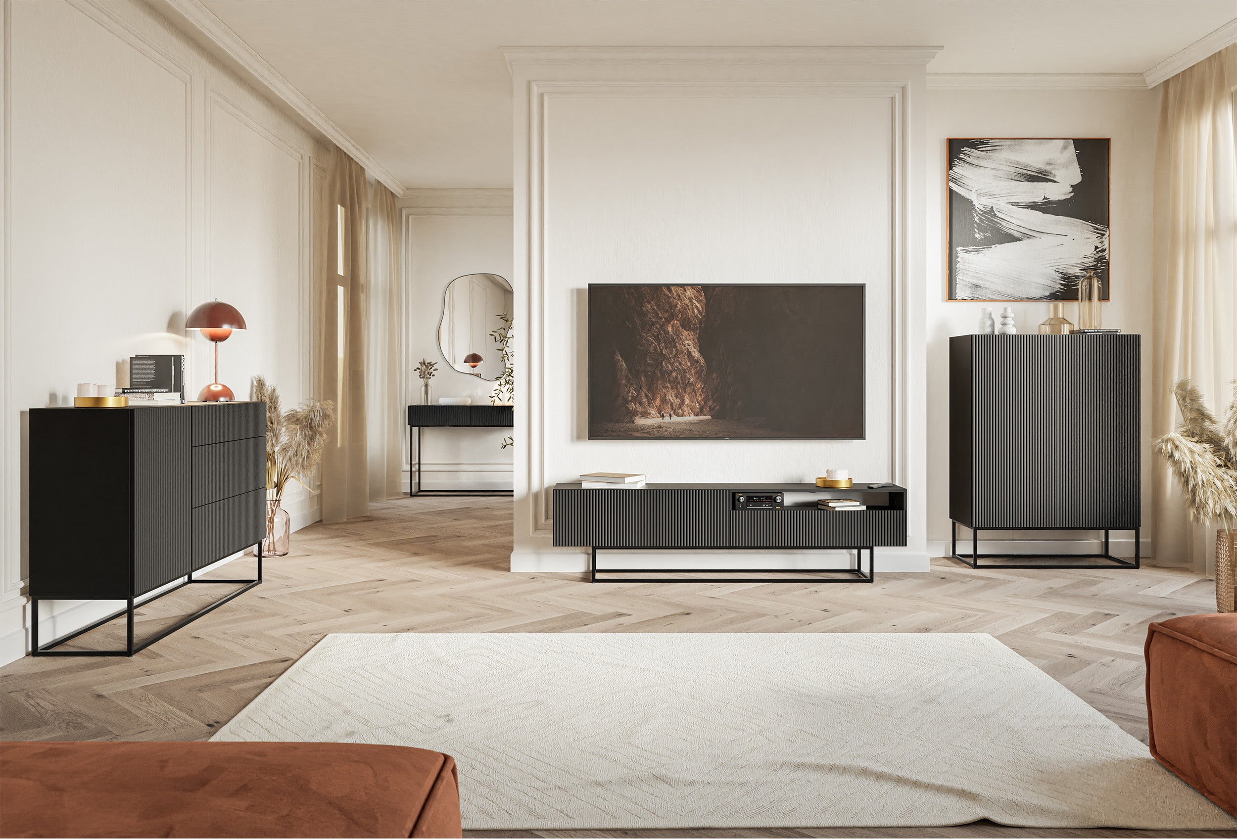 Toilettentisch Veldio mit gefräster Front und zwei Schubladen, 110 cm, Schwarz mit schwarzen Beinen