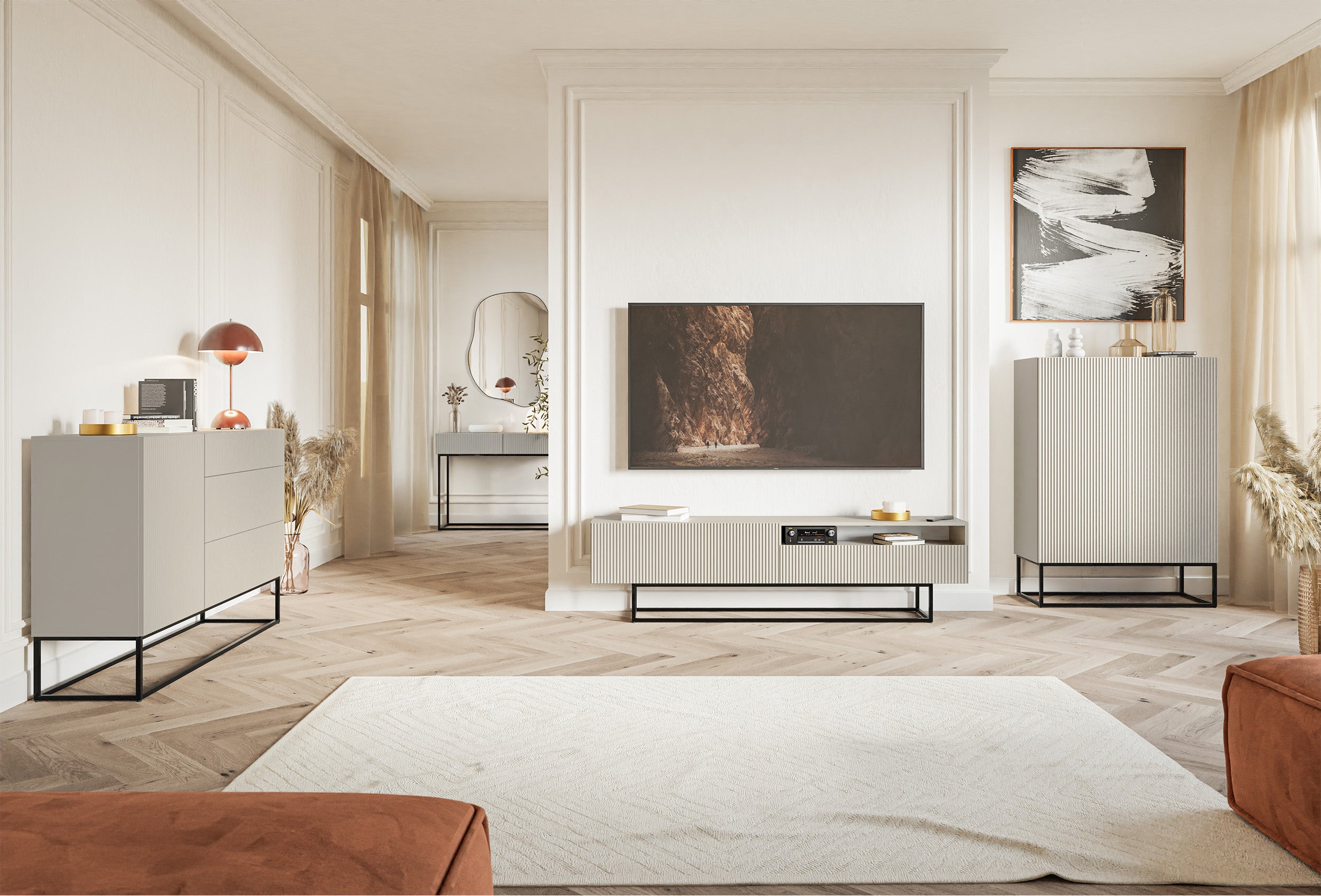Zweiturige Kommode Veldio mit gefräster Front 90 cm Grau-Beige mit schwarzen Beinen