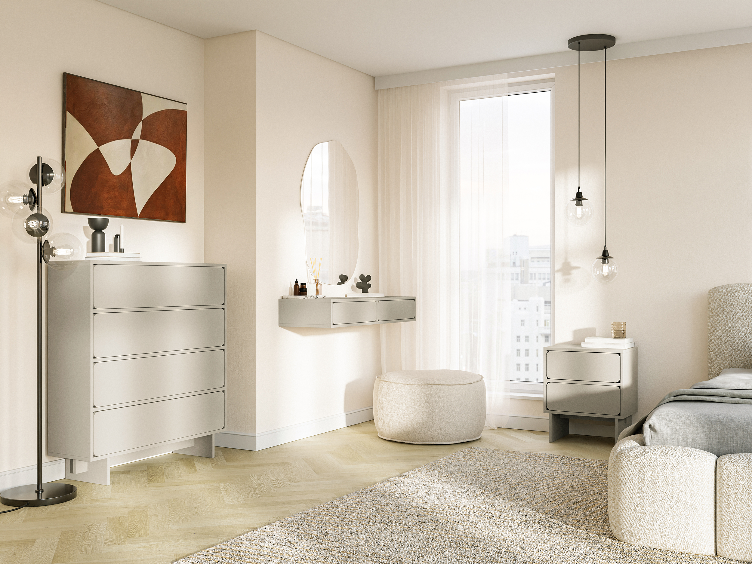 Nachttisch Wuwu mit zwei Schubladen, 50 cm, grau-beige