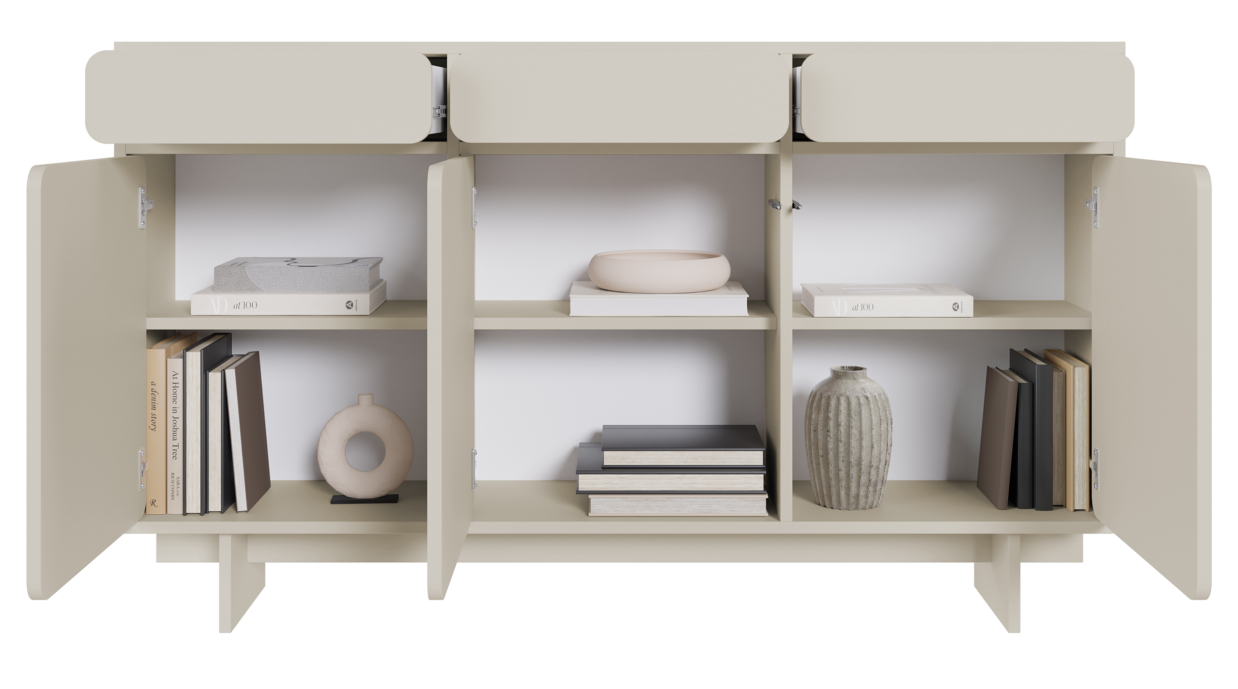 Drehtür-Kommode Wuwu mit drei Schubladen, 150 cm, grau-beige