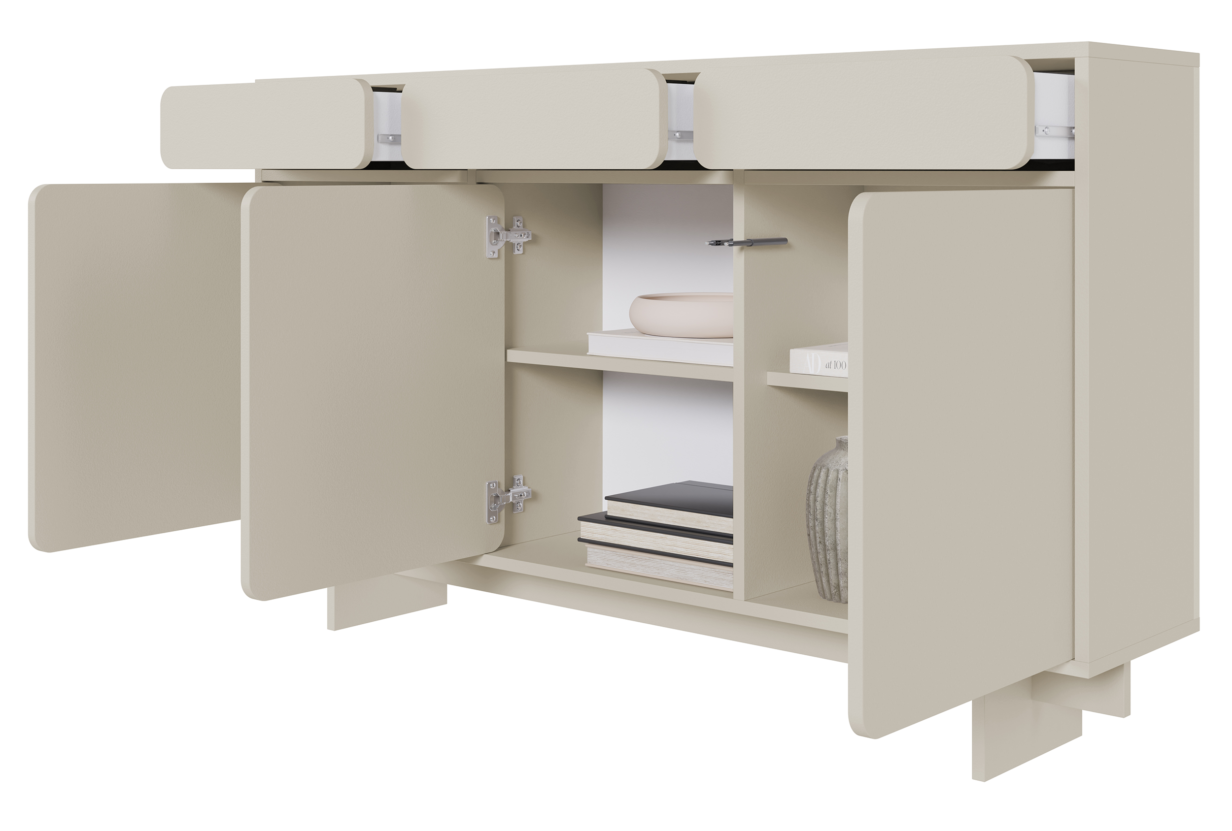 Drehtür-Kommode Wuwu mit drei Schubladen, 150 cm, grau-beige