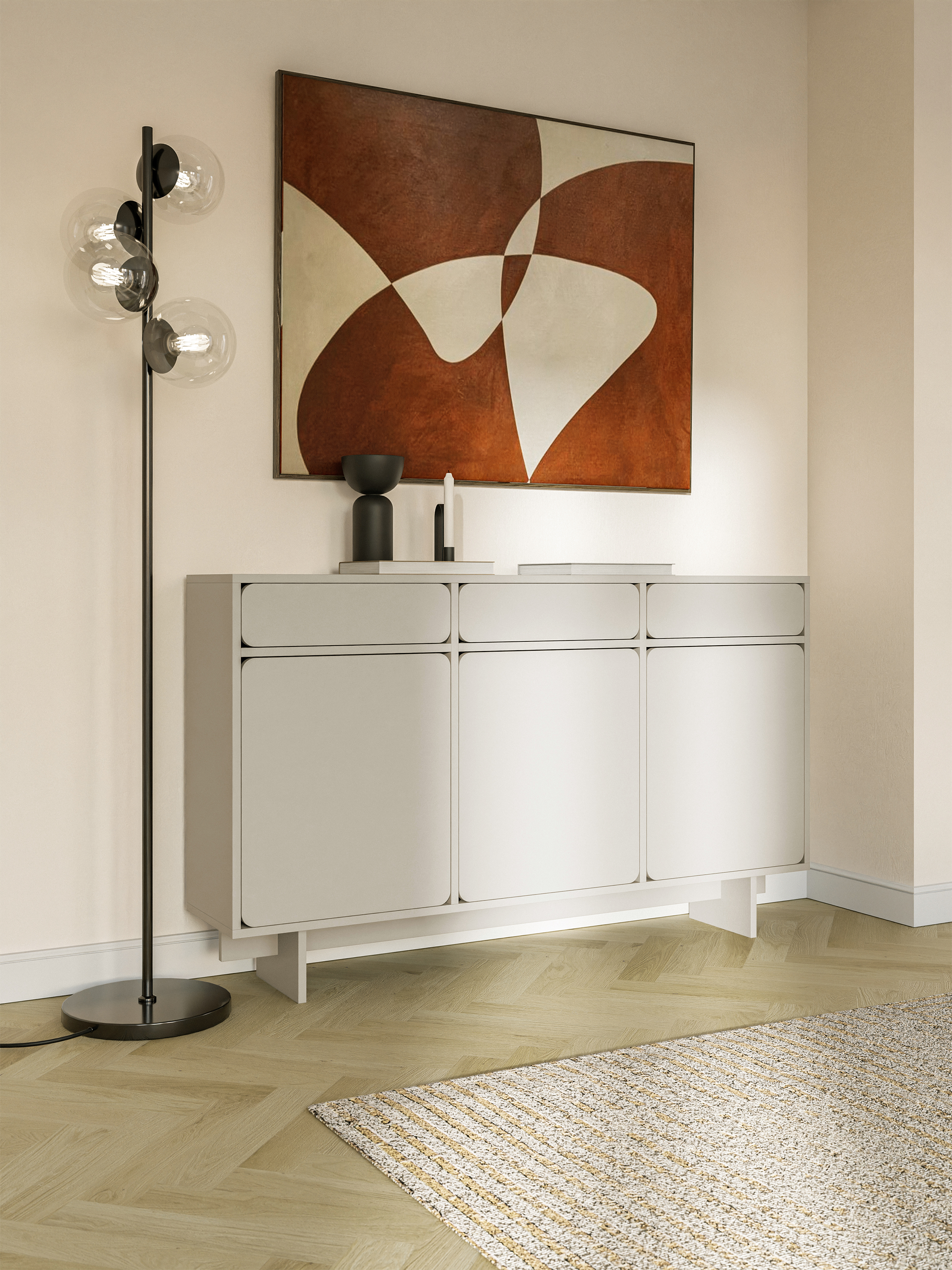 Drehtür-Kommode Wuwu mit drei Schubladen, 150 cm, grau-beige