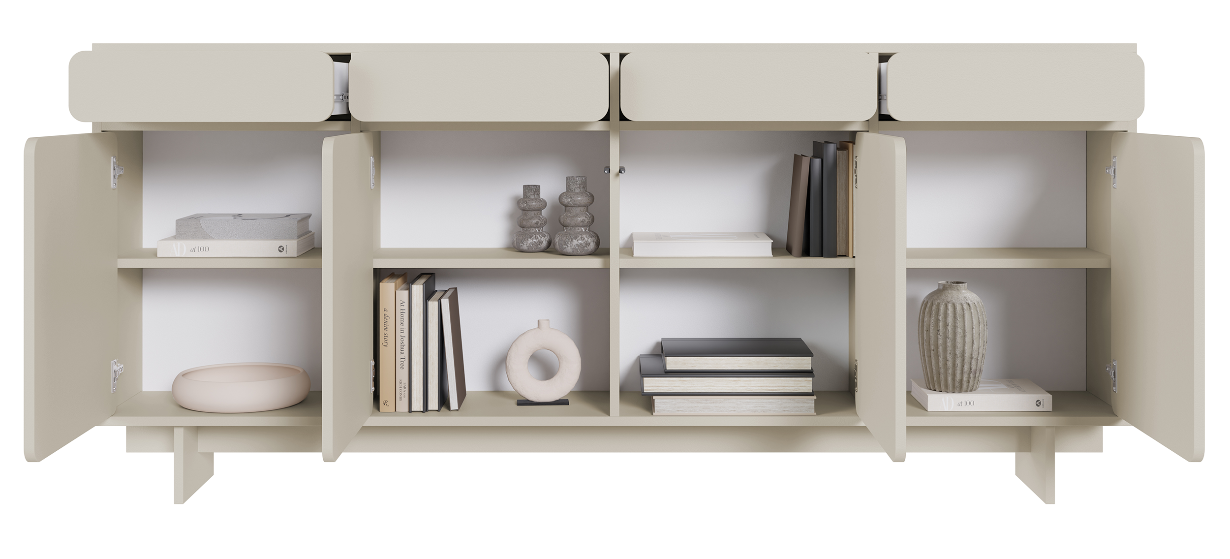 Vier­türige Kommode Wuwu mit vier Schubfächern, 200 cm, grau-beige