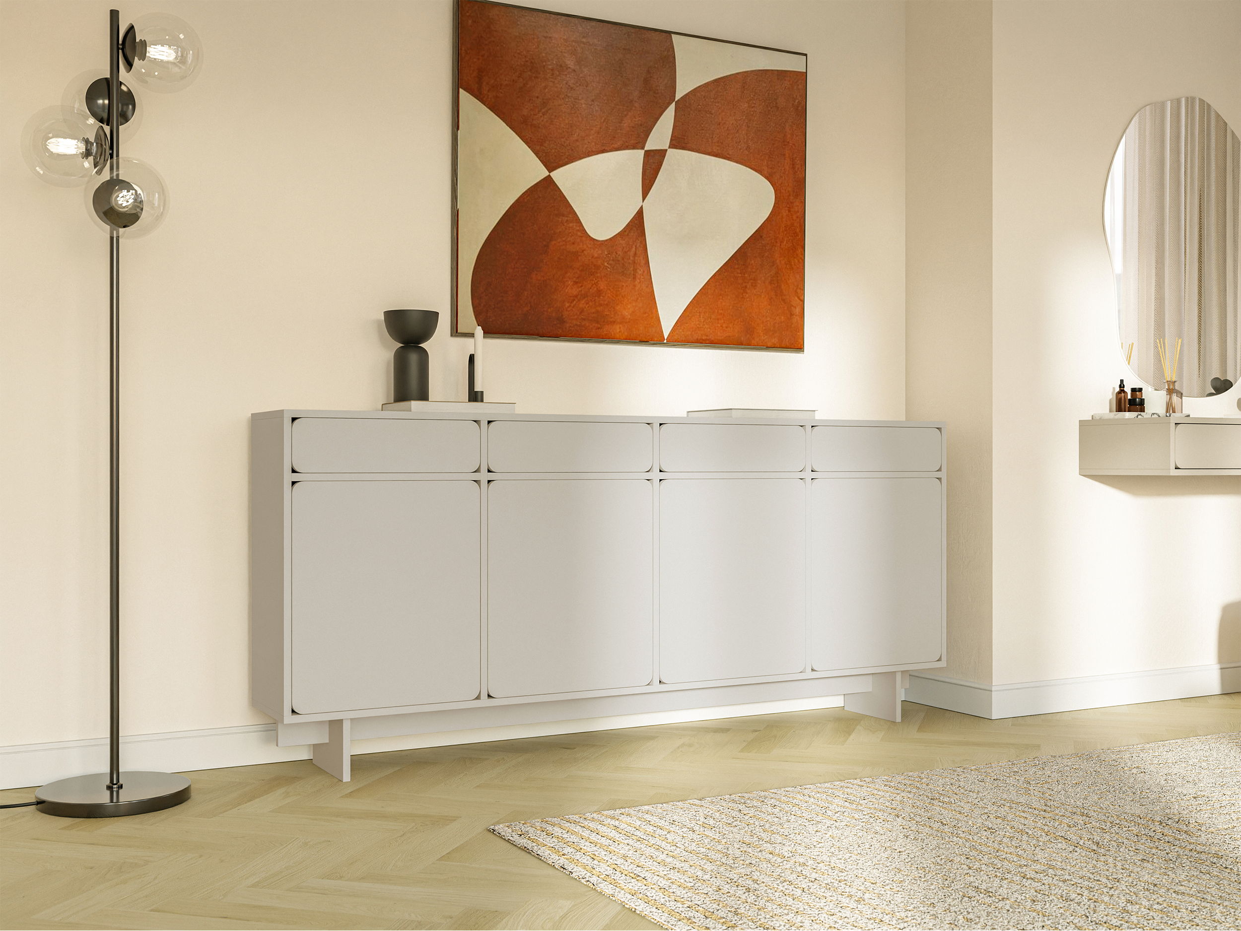 Vier­türige Kommode Wuwu mit vier Schubfächern, 200 cm, grau-beige