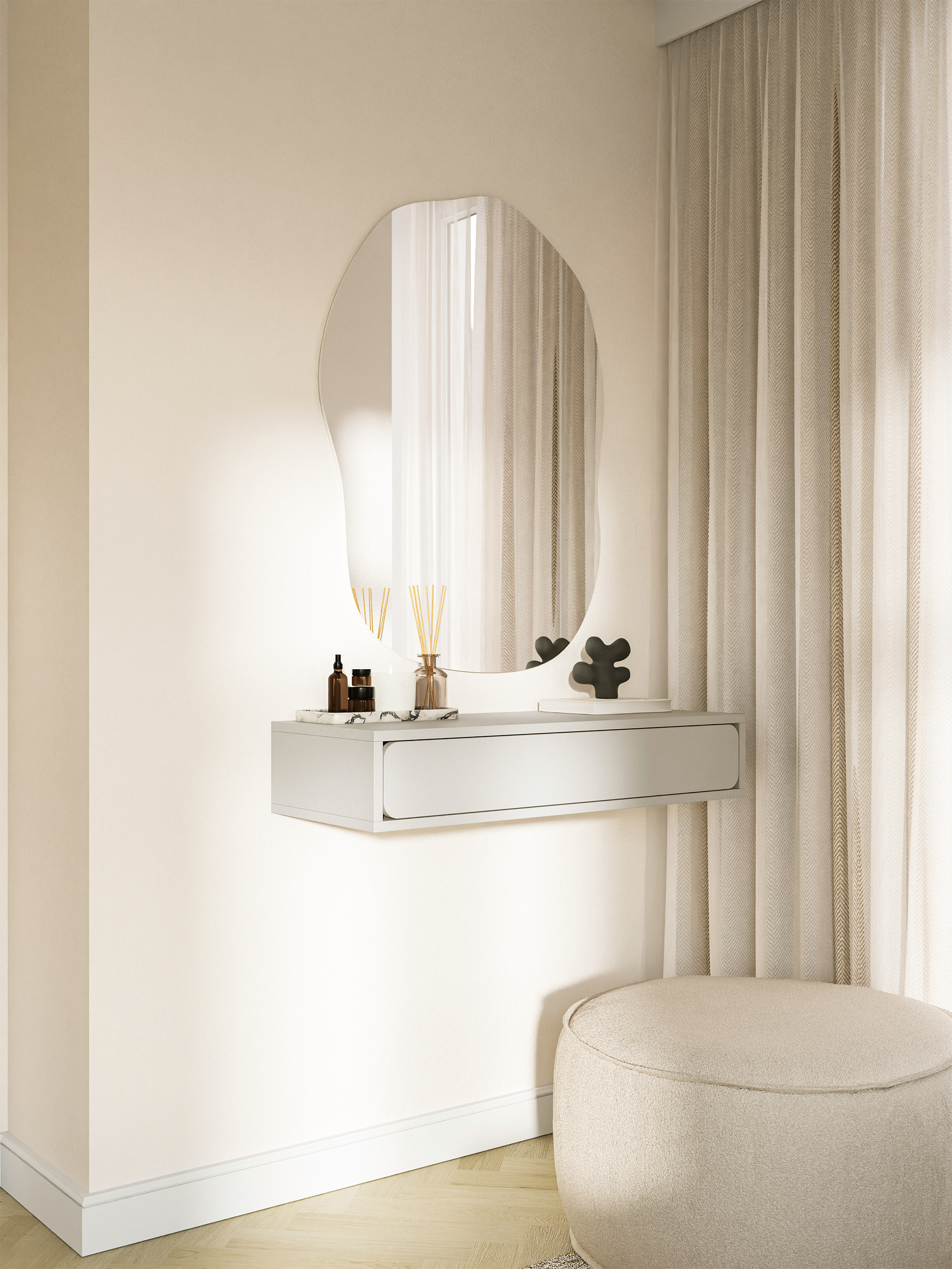 Hängende Konsole Wuwu mit einer Schublade, 90 cm, grau-beige