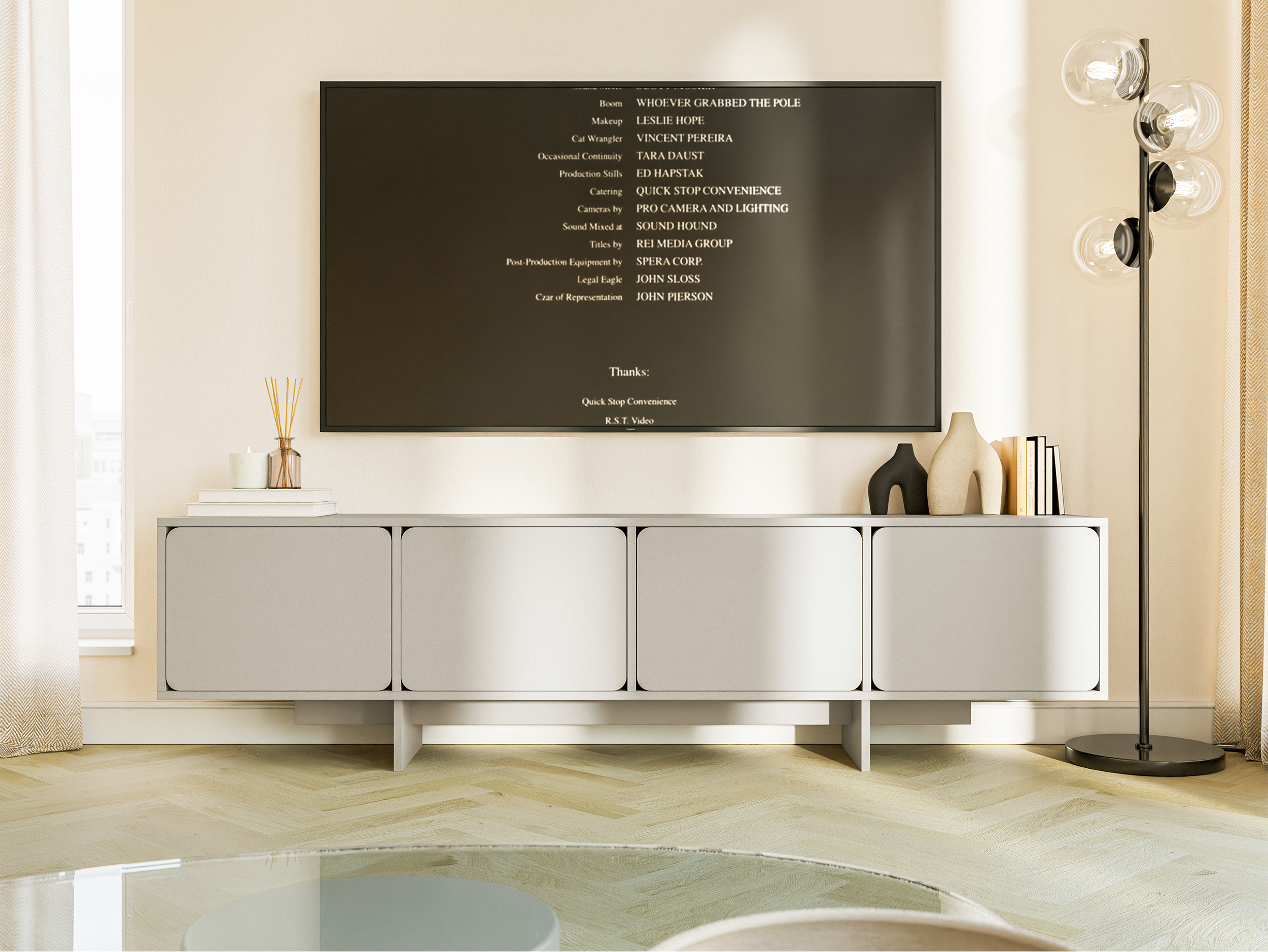 TV-Schrank Wuwu mit vier Schränken, 200 cm, grau-beige