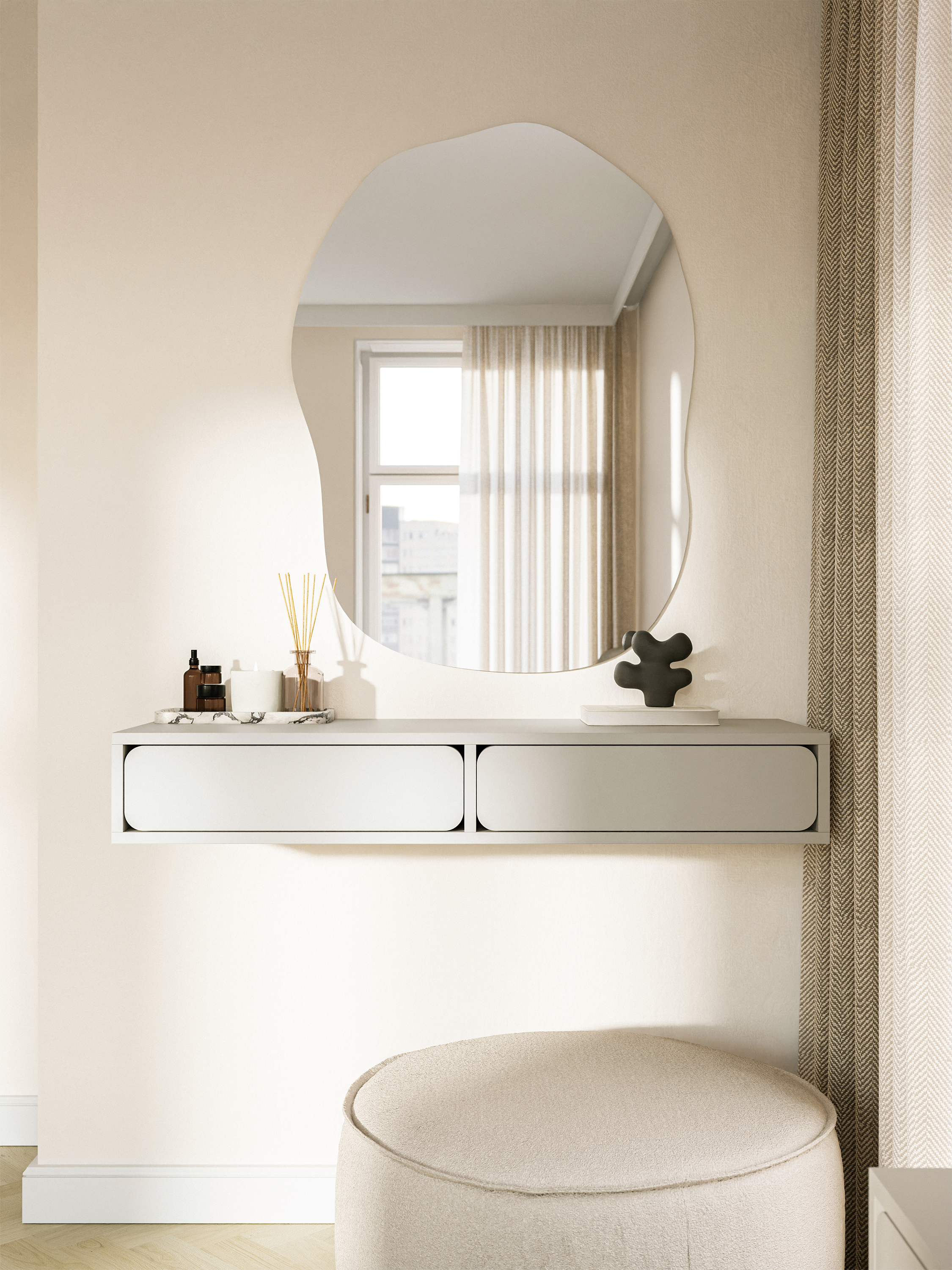 Hängender Schminktisch Wuwu mit zwei Schubladen, 110 cm, grau-beige