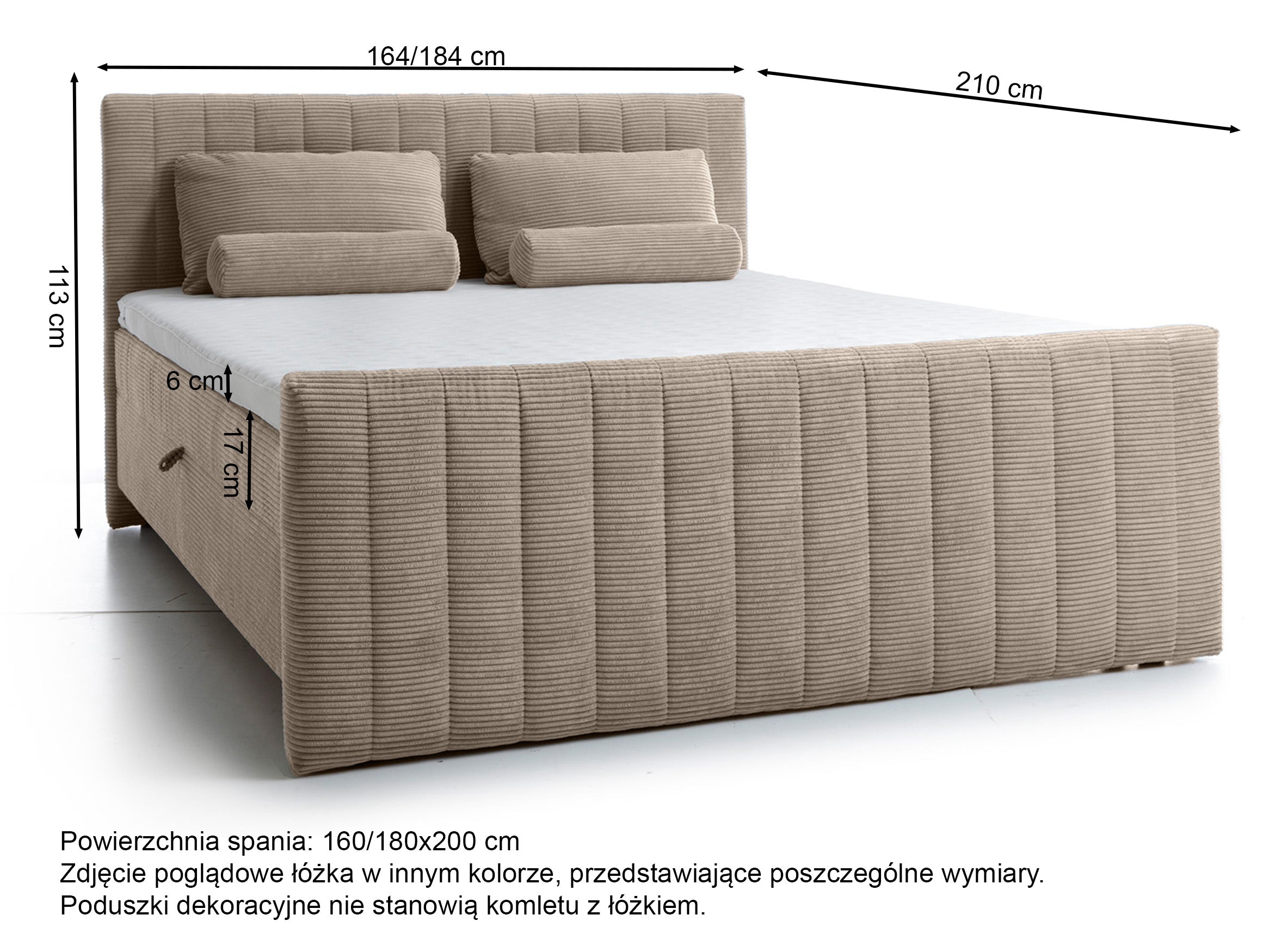 Kontinentalbett Lullabino 160x200 cm mit Stauraum und Topper, grau-beige Cord