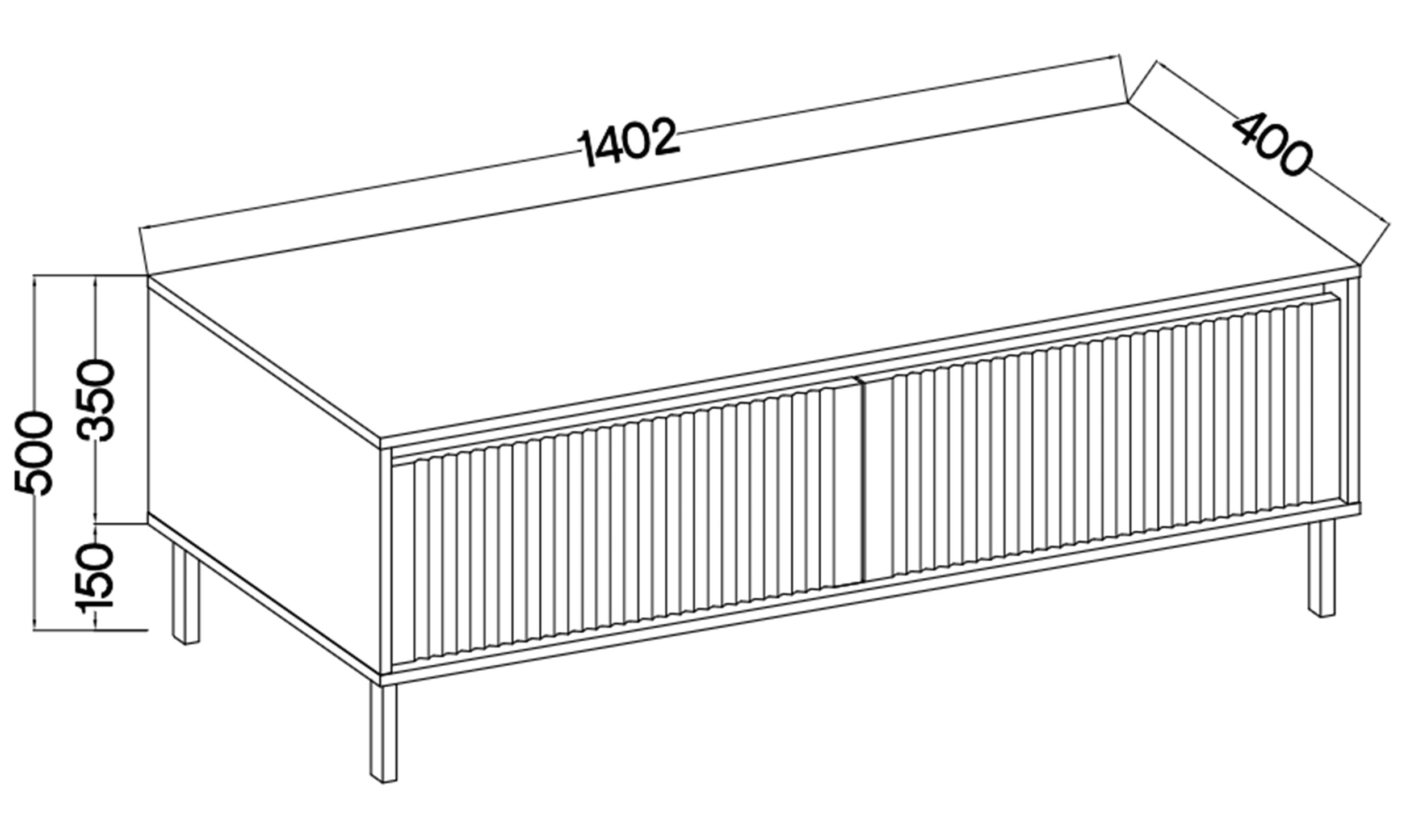 TV-Schrank Osaka mit zwei Schubladen und gerillten Fronten, 140 cm, sandbeige auf schwarzen Beinen