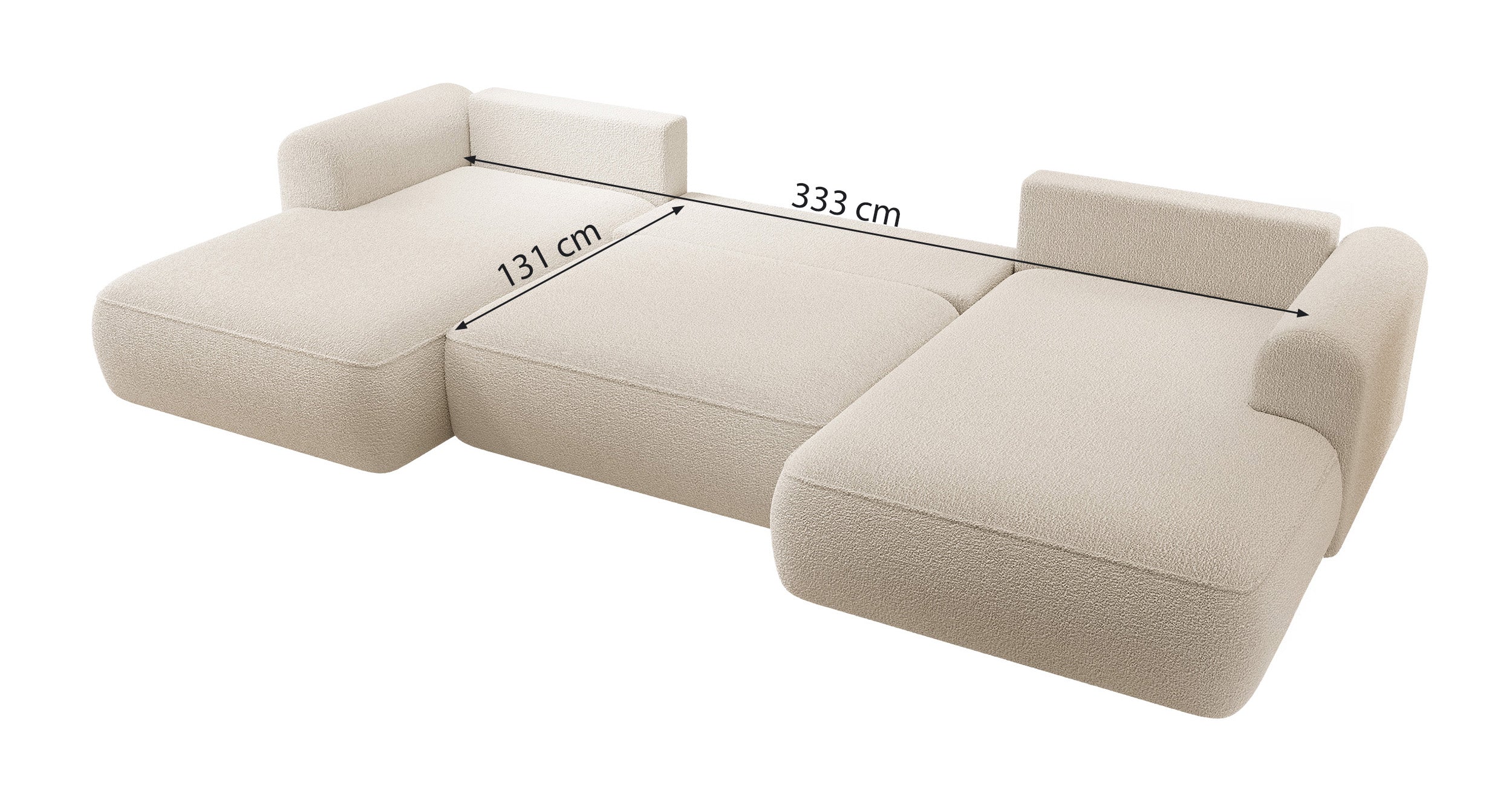 Ecksofa mit Schlaffunktion Ovo U-förmig mit Stauraum, grau Bouclé, universell verwendbar