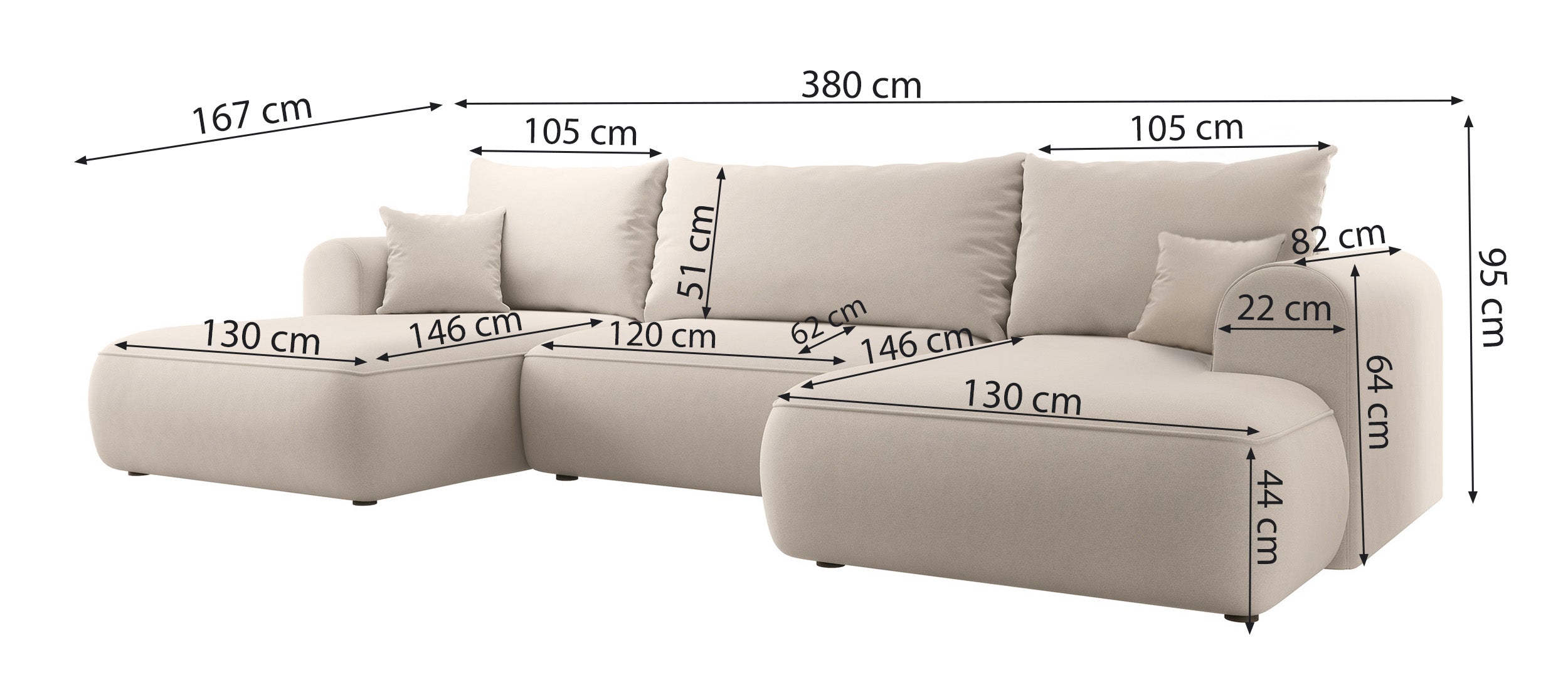Ecksofa mit Schlaffunktion Ovo U-förmig mit Stauraum, grau Bouclé, universell verwendbar