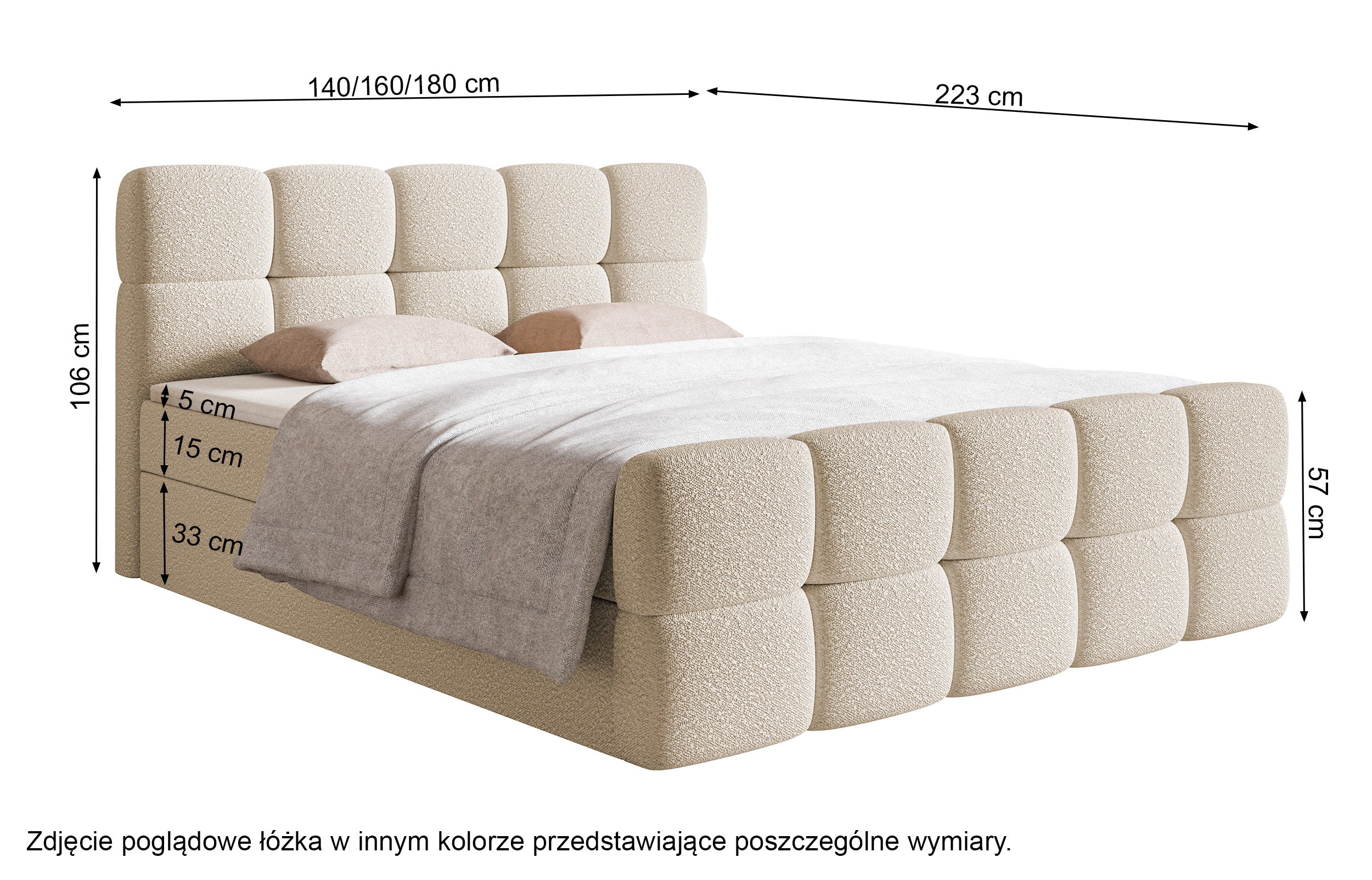 Kontinentalbett 160x200 cm Cloudy mit Stauraum und Topper, graues Bouclé