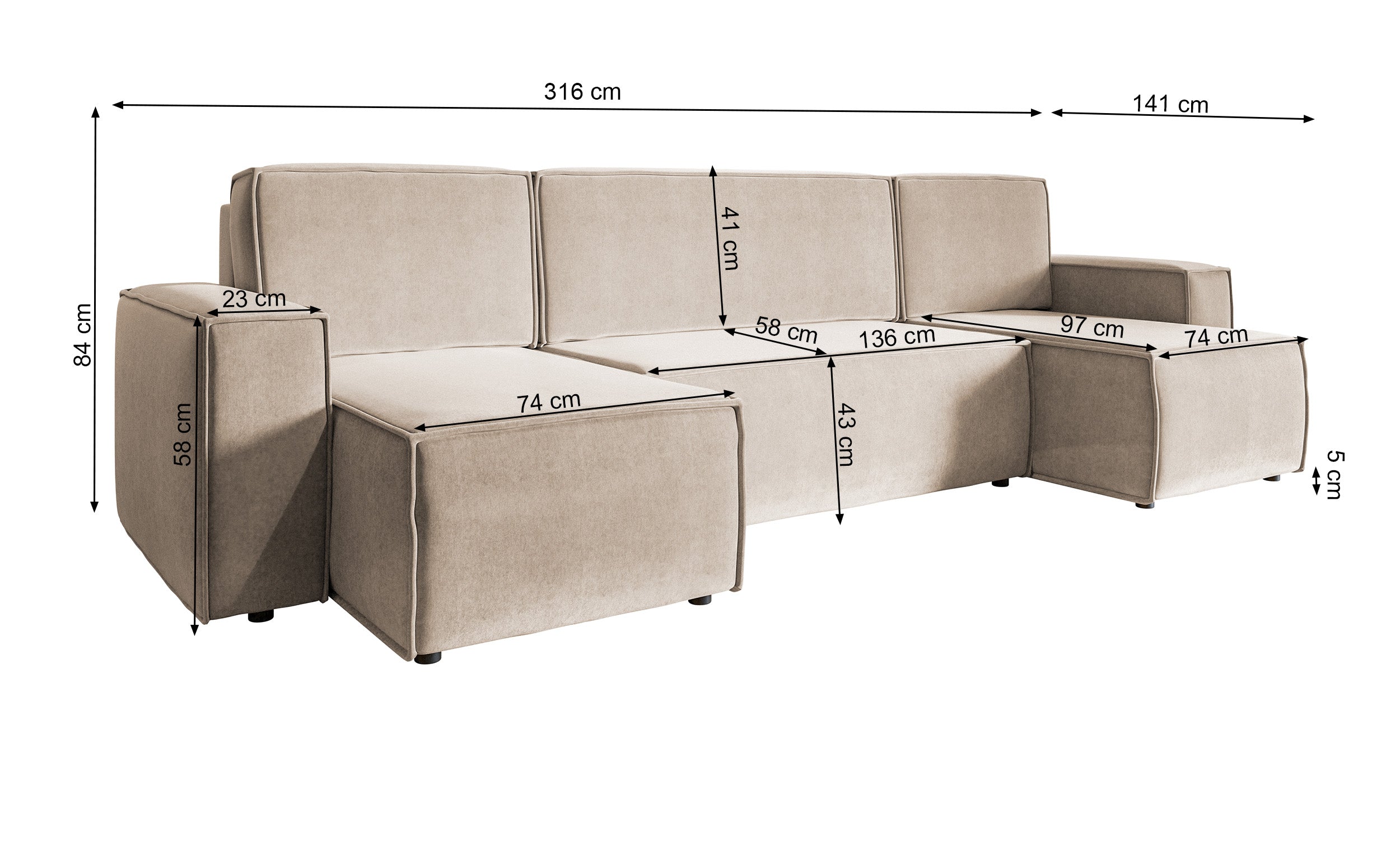 U-förmiges Ecksofa Copertino mit Schlaffunktion, Stauraum, universell einsetzbar, marineblauer, hydrophober Samtstoff