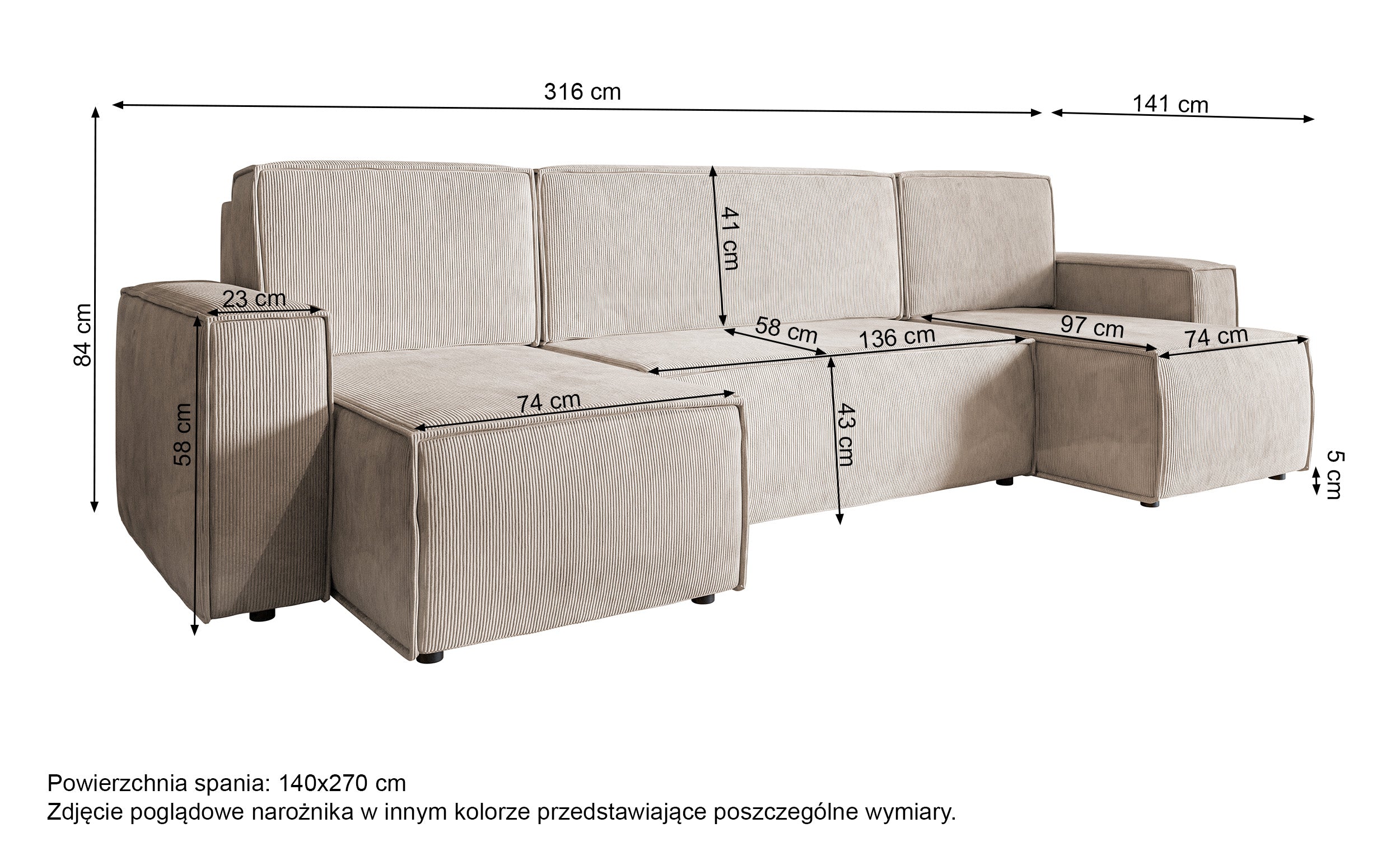 U-förmige Eckcouch Copertino mit Schlafunktion und Stauraum, universell beige Cordstoff