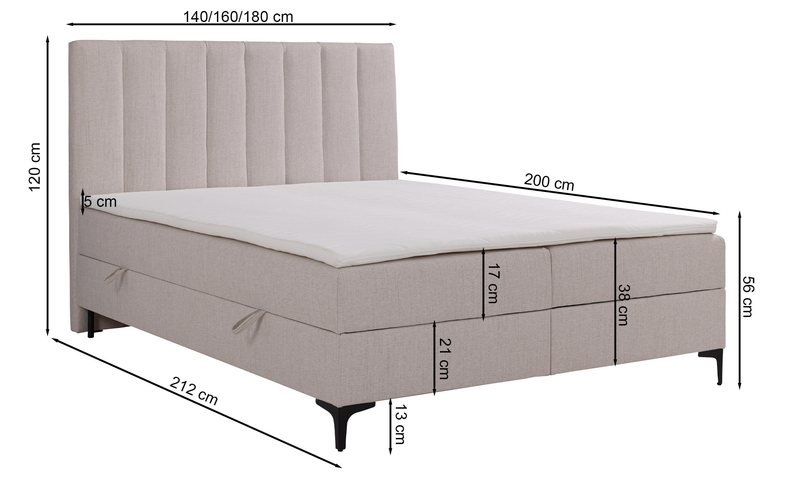 Kontinentalbett 180x200 cm Lorentes mit Stauraum und Topper, hellbeige, Geflecht