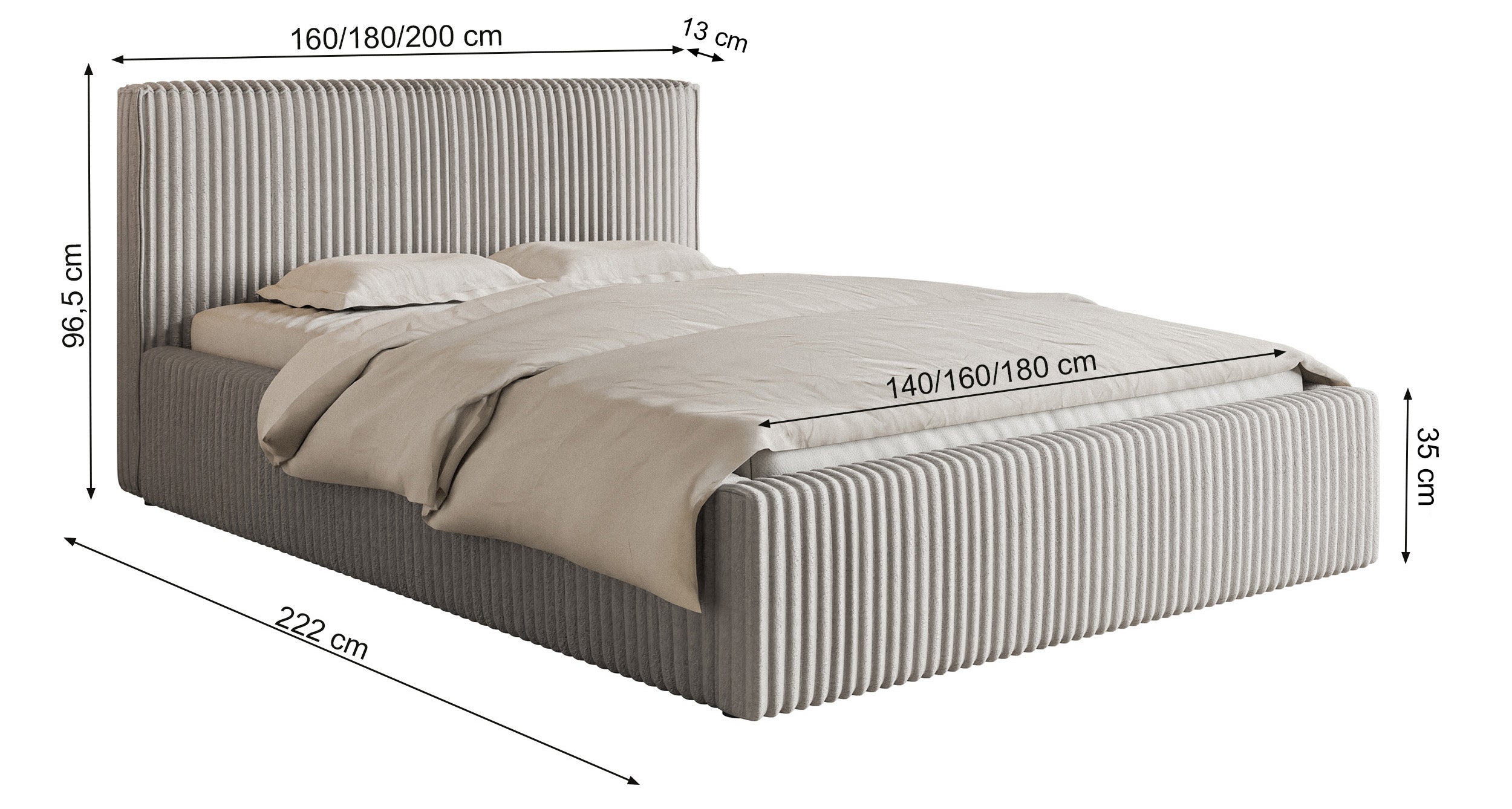 Polsterbett 140x200 cm Tilio mit Stauraum, Metallrahmen, grau-beige, dicker Cordstoff