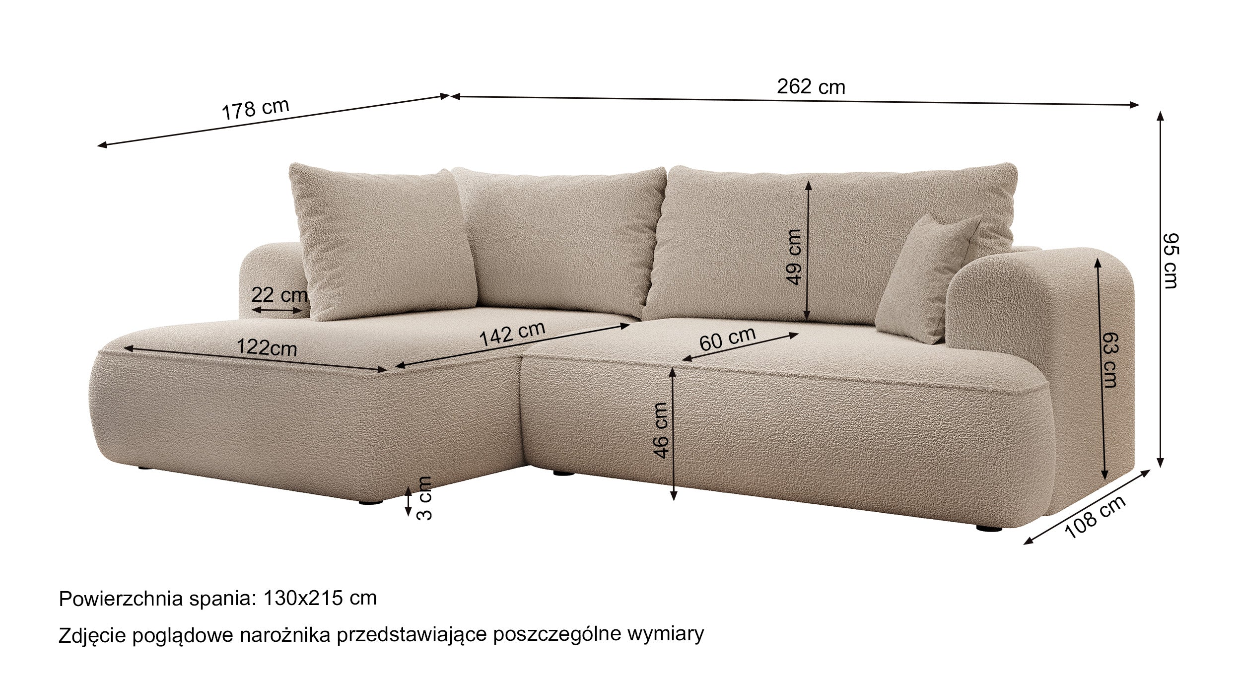 Ecksofa mit Schlaffunktion Ovo, L-förmig, mit Armlehne und Stauraum, grauer Bouclé, rechtsseitig